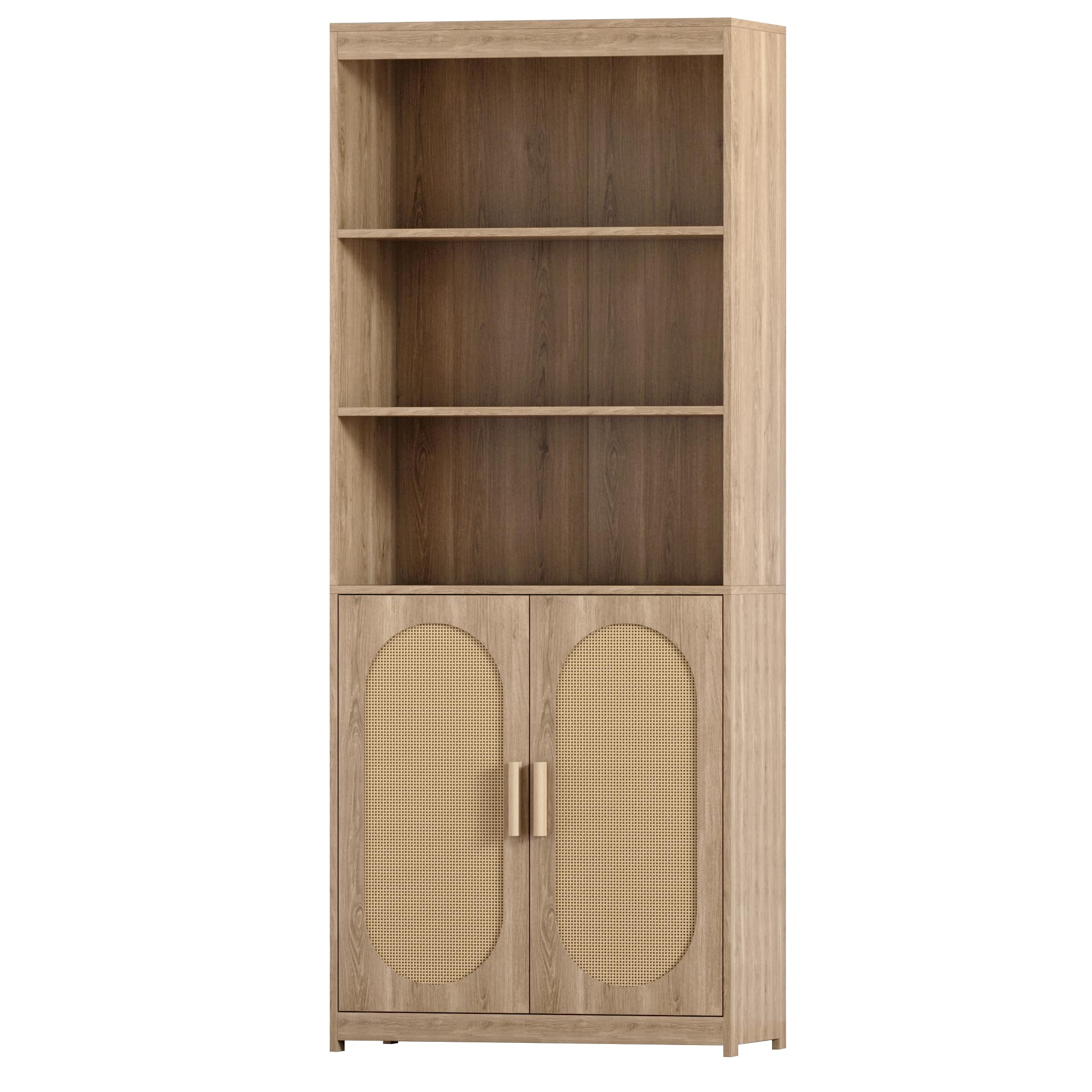 5-Tier Rattan Bookcase with Doors - Large Wooden Bookshelf for Farmhouse, Living Room, Bedroom & Home Office - Spacious Storage Shelf for Books, Decor & Kitchen Essentials