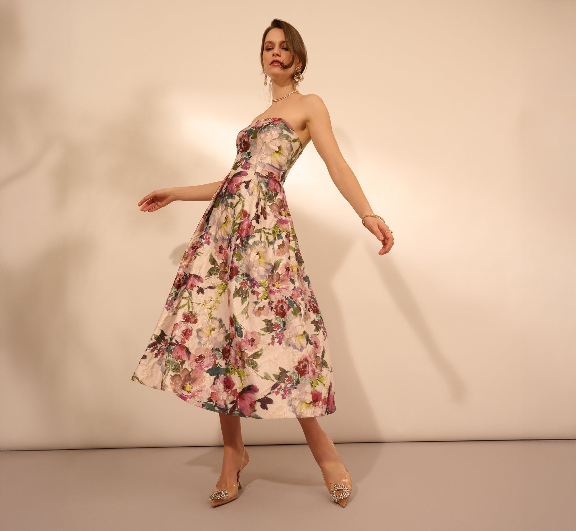 Strapless Floral Jacquard Midi Dress - Pink Multi Color Summer Wedding Guest Dress for Beach Party & Cocktail Events