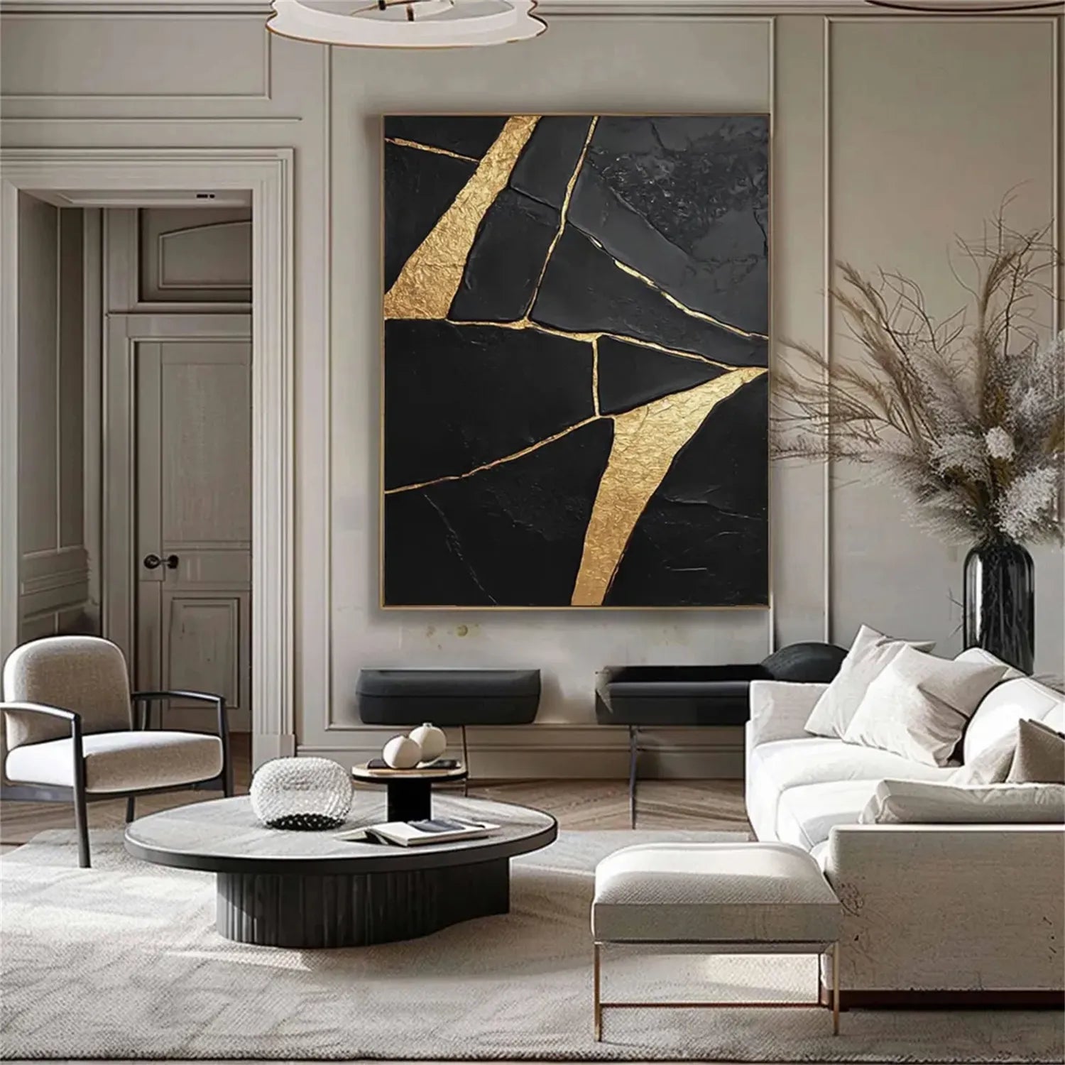 Black Gold Minimalist Textured Painting Canvas Wall Art - Modern Abstract Home Decor for Living Room, Bedroom & Office | Premium Quality #MZ123