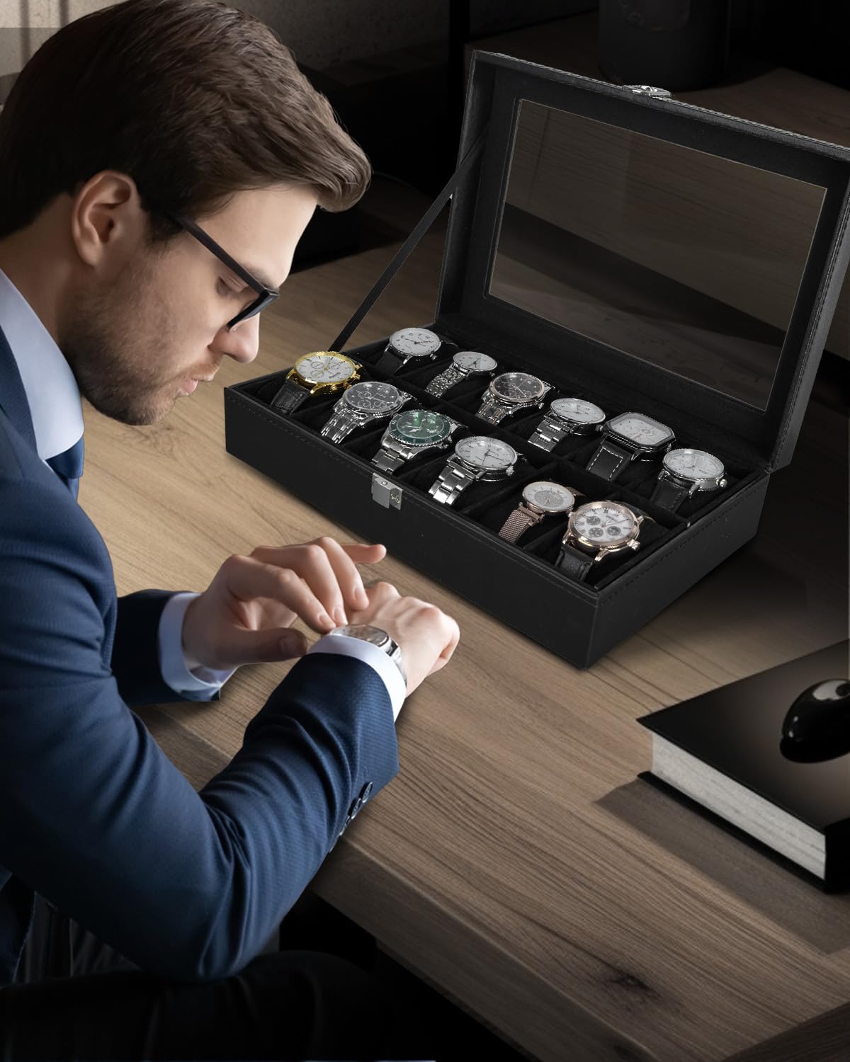 Ohuhu 12-Slot Watch Box with PU Leather & Real Glass Lid - Premium Watch Organizer Case for Men & Women | Perfect for Watch Collection Display, Travel Storage & Jewelry Organization