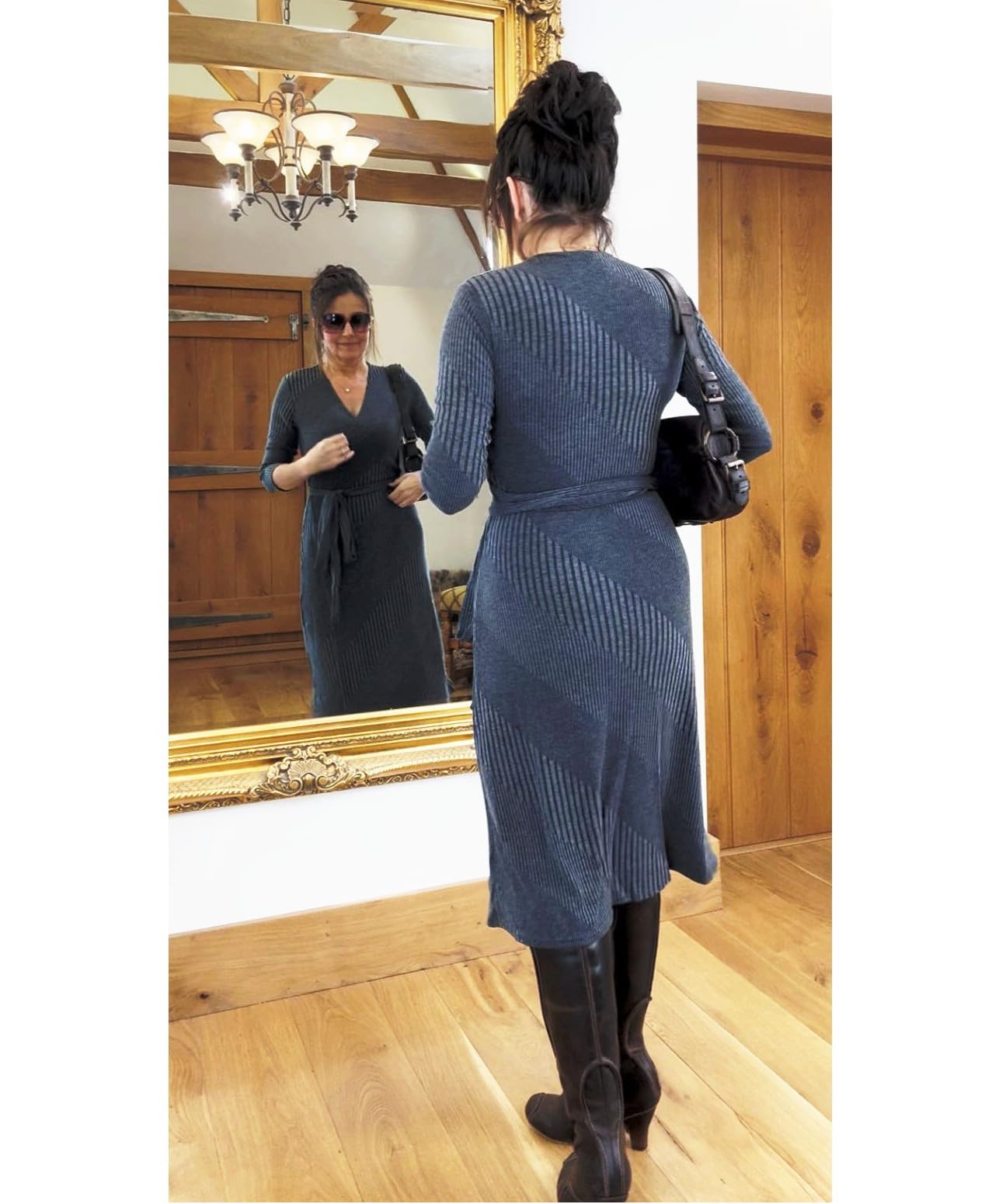 Blue Banana Women's Ribbed Knit Wrap Dress - 3/4 Sleeve Knee-Length Stretch Dress for Casual Wear, Office & Date Night | Summer & Fall Fashion