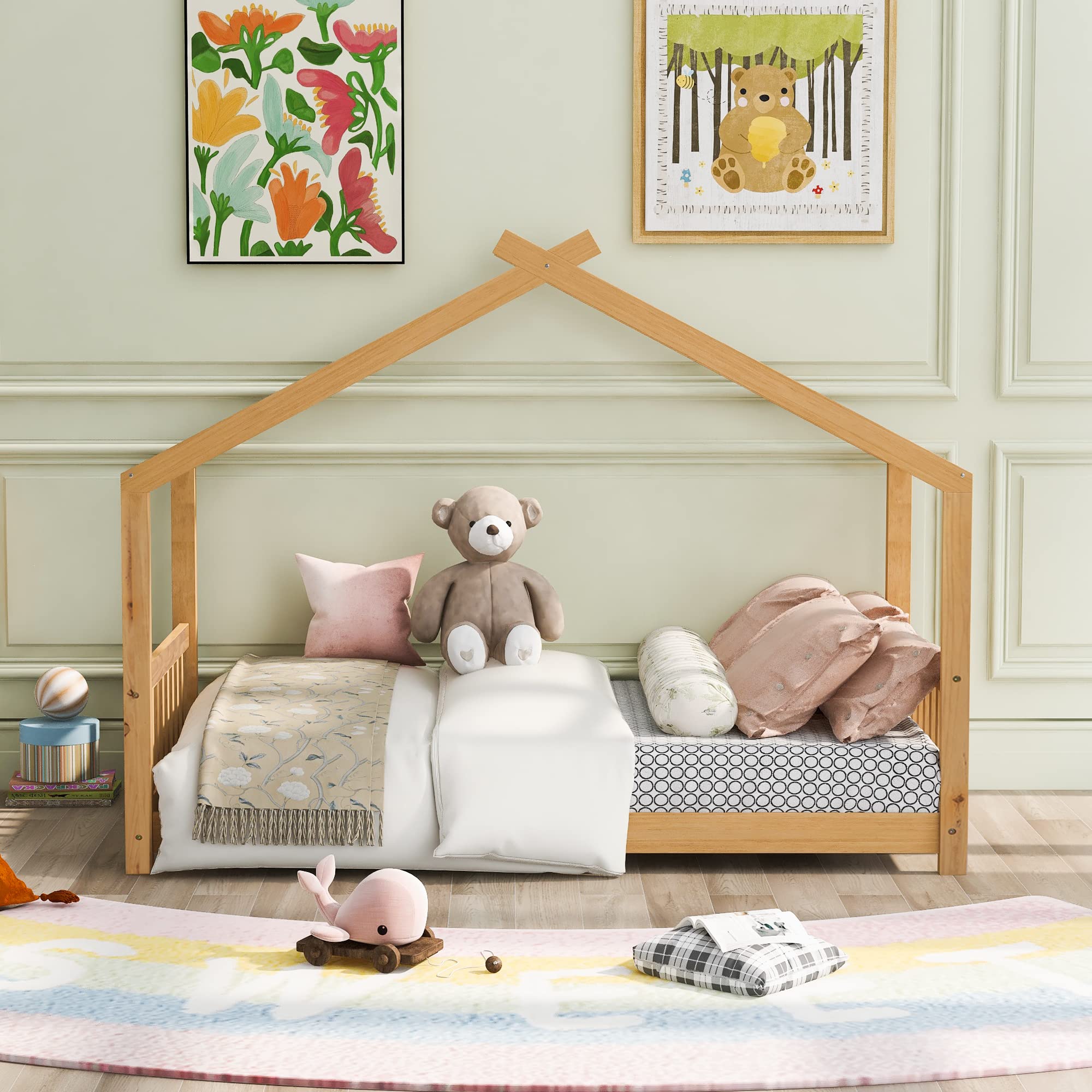 **Merax Twin Size Wooden House Bed with Roof - Kids Bedroom Furniture for Boys & Girls, Natural Finish with Headboard & Footboard - Perfect for Playrooms, Bedrooms & Cozy Reading Nooks**