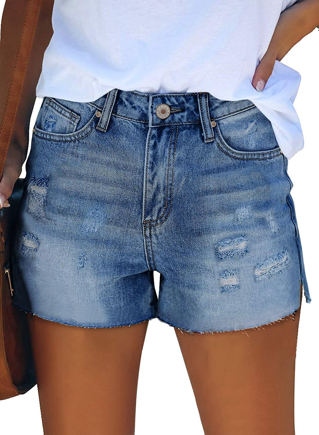 ZOLUCKY Women's Stretchy Ripped Denim Shorts - Mid Waist Casual Jean Shorts with Pockets for Summer | Perfect for Beach, Shopping & Outdoor Activities