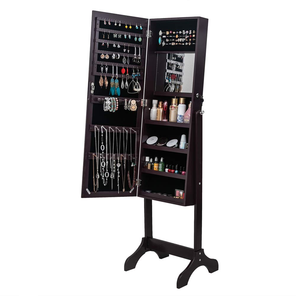 Beyamis Large Wooden Jewelry Cabinet with Full-Length Mirror - Adjustable Standing Jewelry Armoire Organizer with Lockable Storage & Full Body Mirror - Perfect for Bedroom, Closet & Dressing Room (Brown)