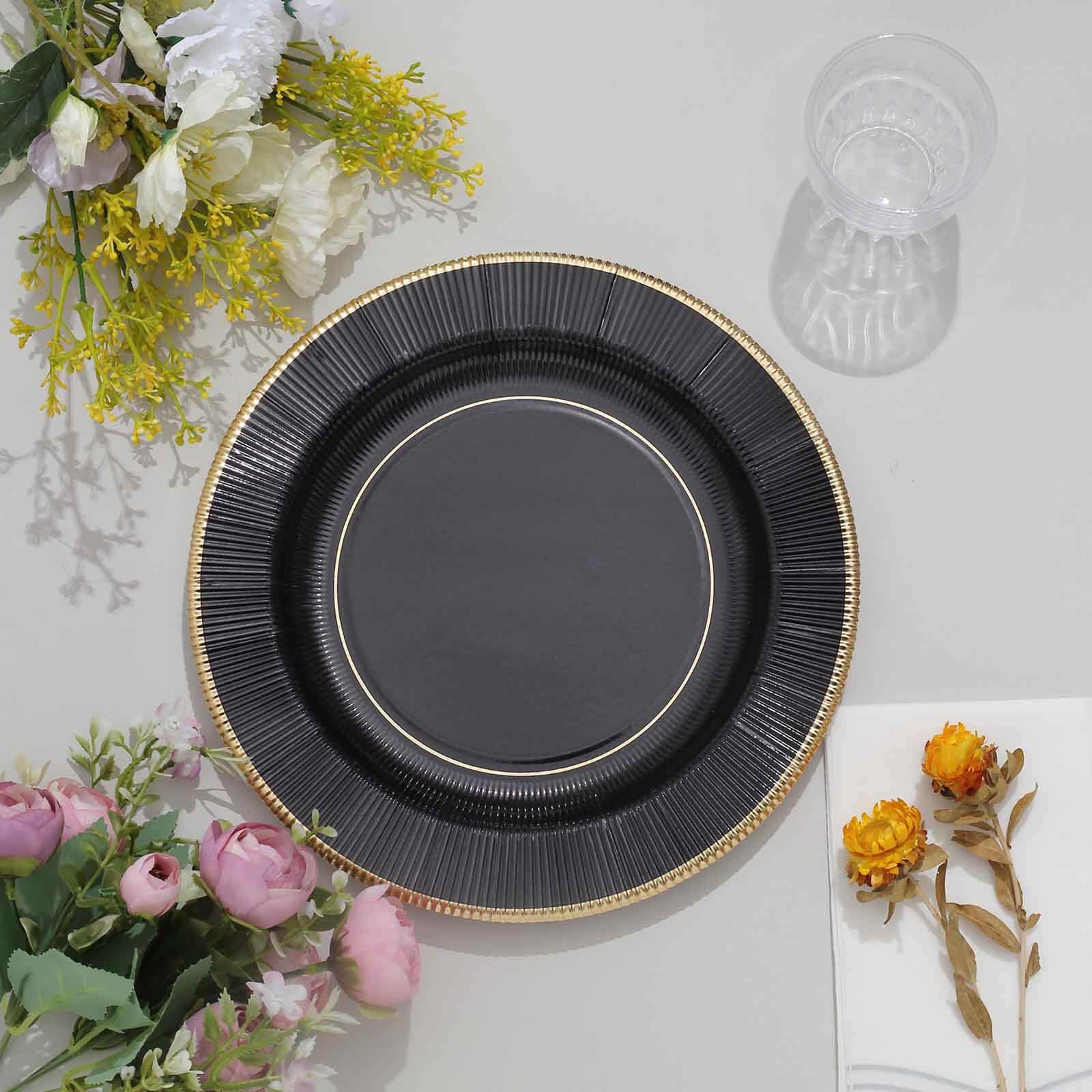 Efavormart 25 Pack Metallic Black Sunray 10 Inch Disposable Dinner Plates - Heavy Duty 350 GSM for Parties, Weddings, and Special Events