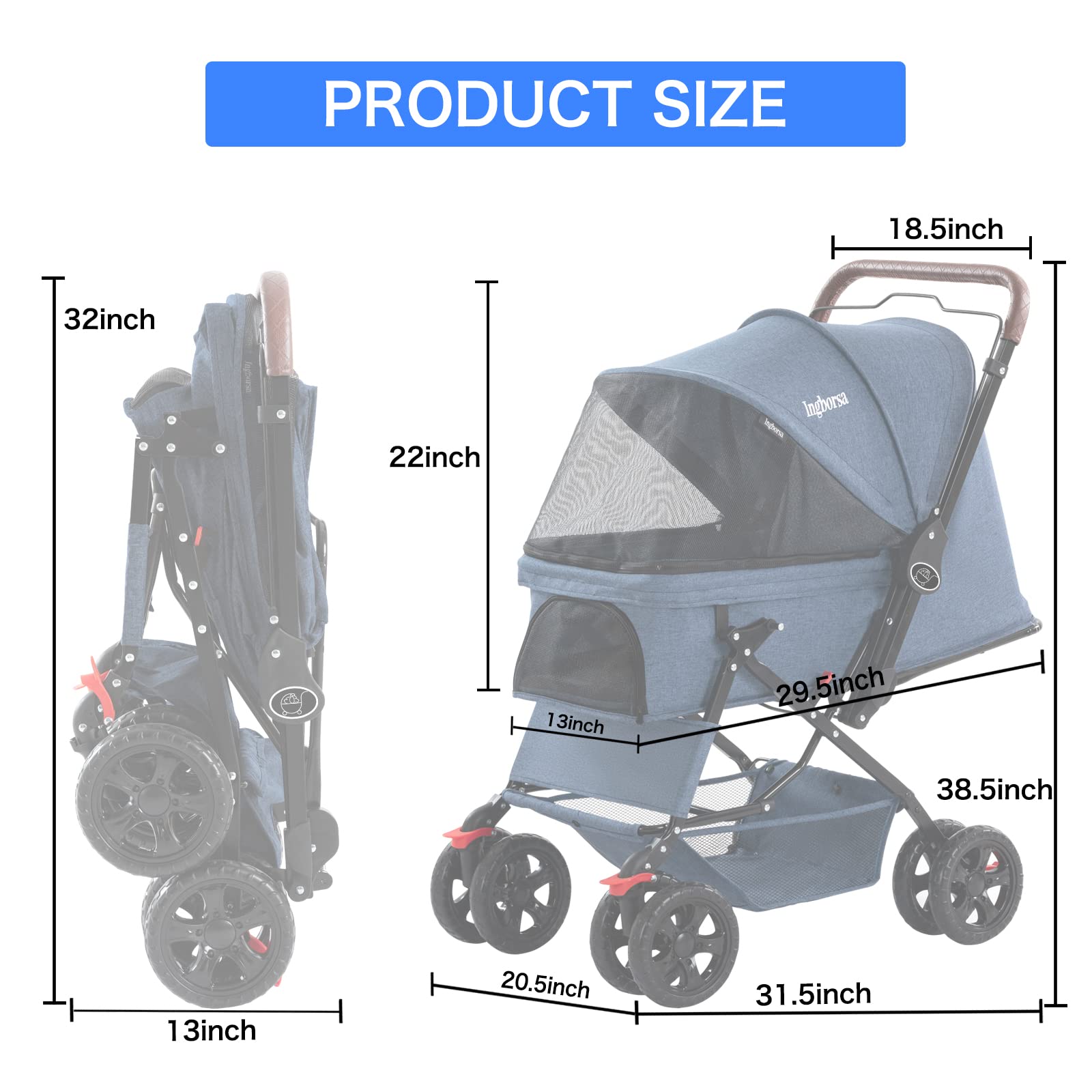 Premium 4-Wheel Pet Stroller for Small & Medium Dogs & Cats - Weatherproof Cover & Storage Basket - Blue - Perfect for Outdoor Walks, Vet Visits & Shopping Trips