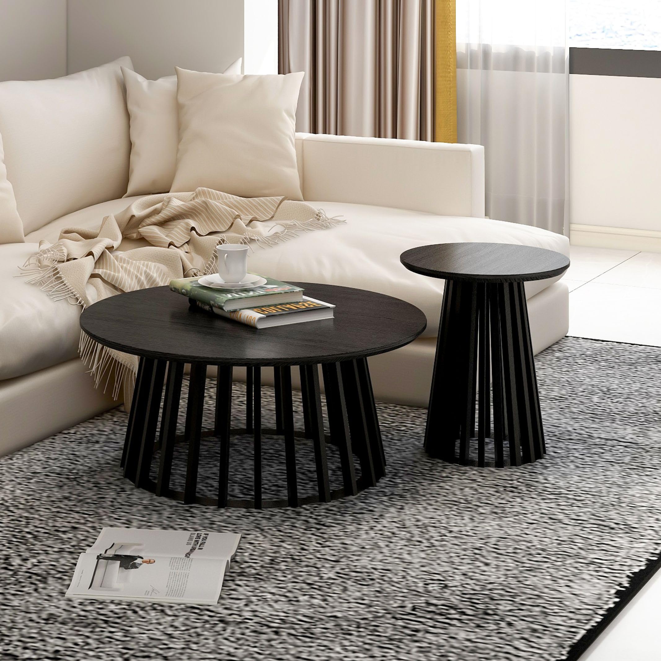 Modern Round Wood Coffee Table & Nesting End Table Set of 2 - Farmhouse Style Circle Side Tables for Small Spaces - Perfect for Living Room, Apartment, Bedroom (Black) | Compact Furniture Solution for Cozy Home Decor & Space-Saving Needs