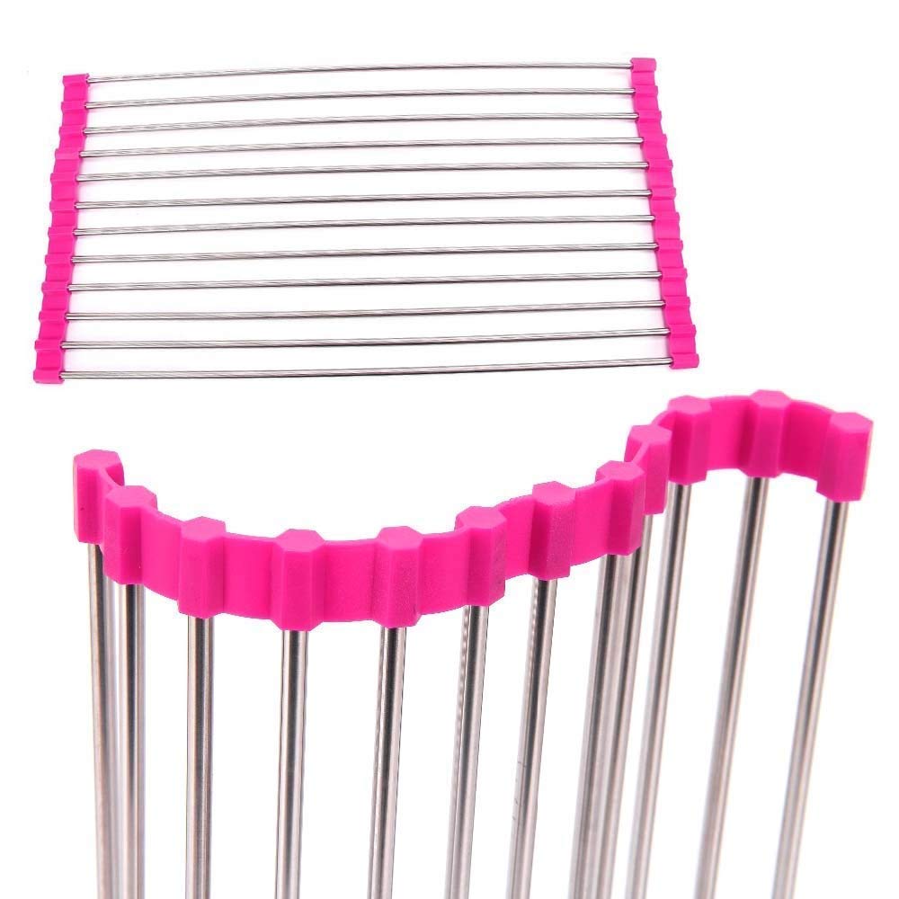 KPS Foldable Stainless Steel & Rubber Dish Drying Rack - Space Saving Kitchen Sink Organizer for Plates, Bowls & Utensils | Perfect for Small Kitchens, RV Living & Camping