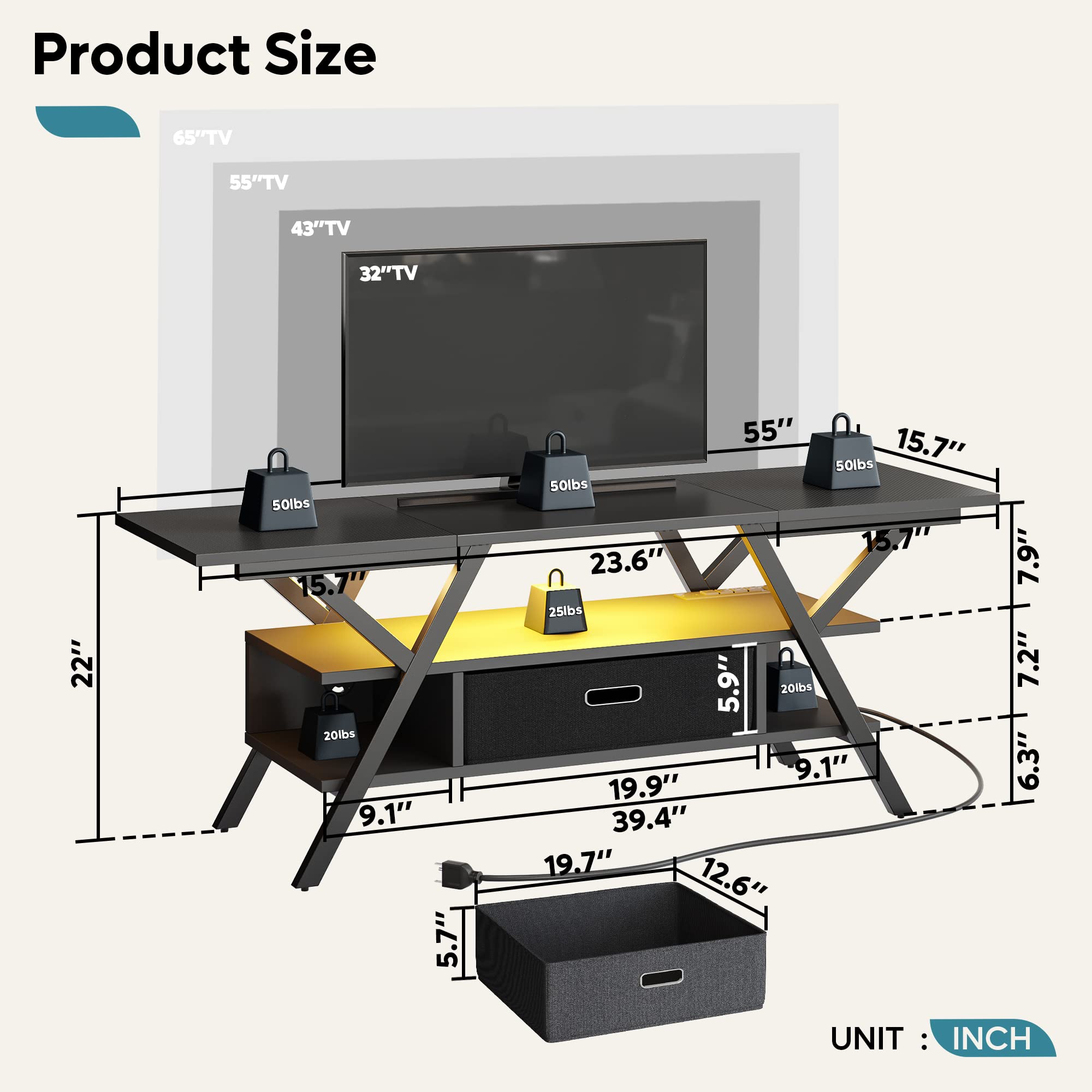 Bestier 55 Inch LED TV Stand with Power Outlets - Modern Entertainment Center for 50/55/60/65 Inch TVs - Carbon Fiber Black Gaming TV Console with Removable Drawer for PS5, Xbox - Perfect for Living Room & Bedroom Setup