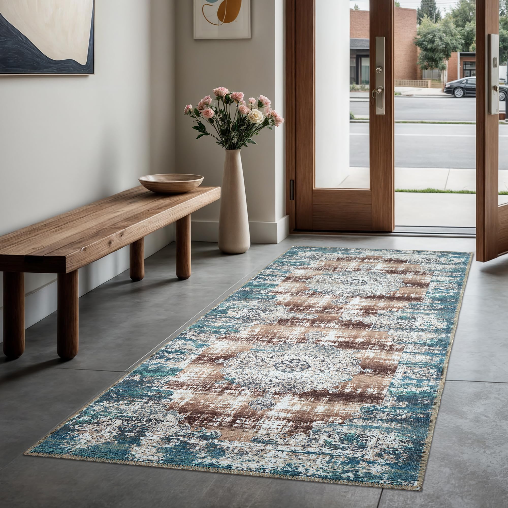 Vintage Washable Area Rug - Non-Slip Low Pile Indoor Rug for Living Room, Bedroom, Bathroom - Machine Washable & Easy Clean - Blue and Tan (2'6
