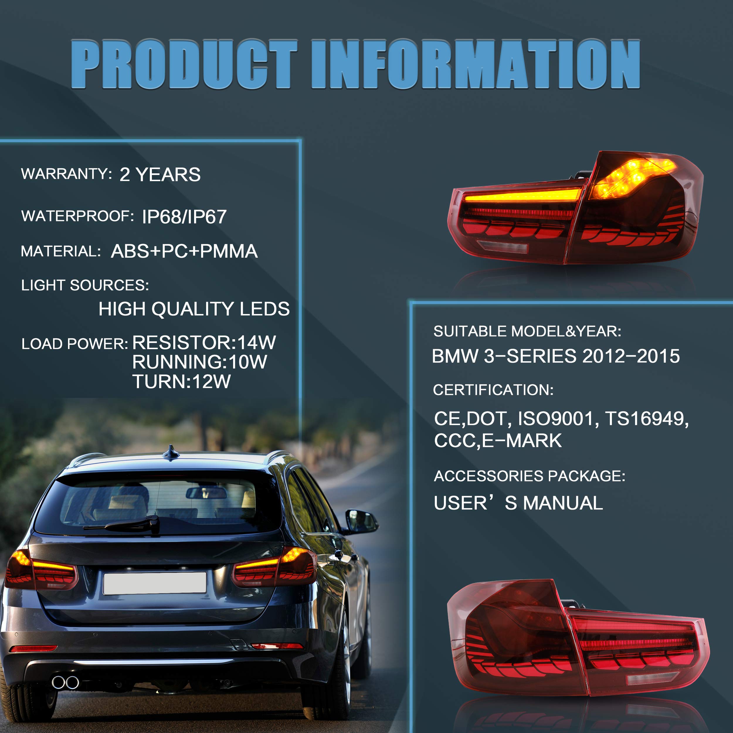 VLAND OLED Tail Lights Assembly for BMW 3 Series F30 F35 F80 Sedan (2013-2018) - Plug & Play Red LED Lights - Direct Fit Replacement - Enhances Night Visibility & Style