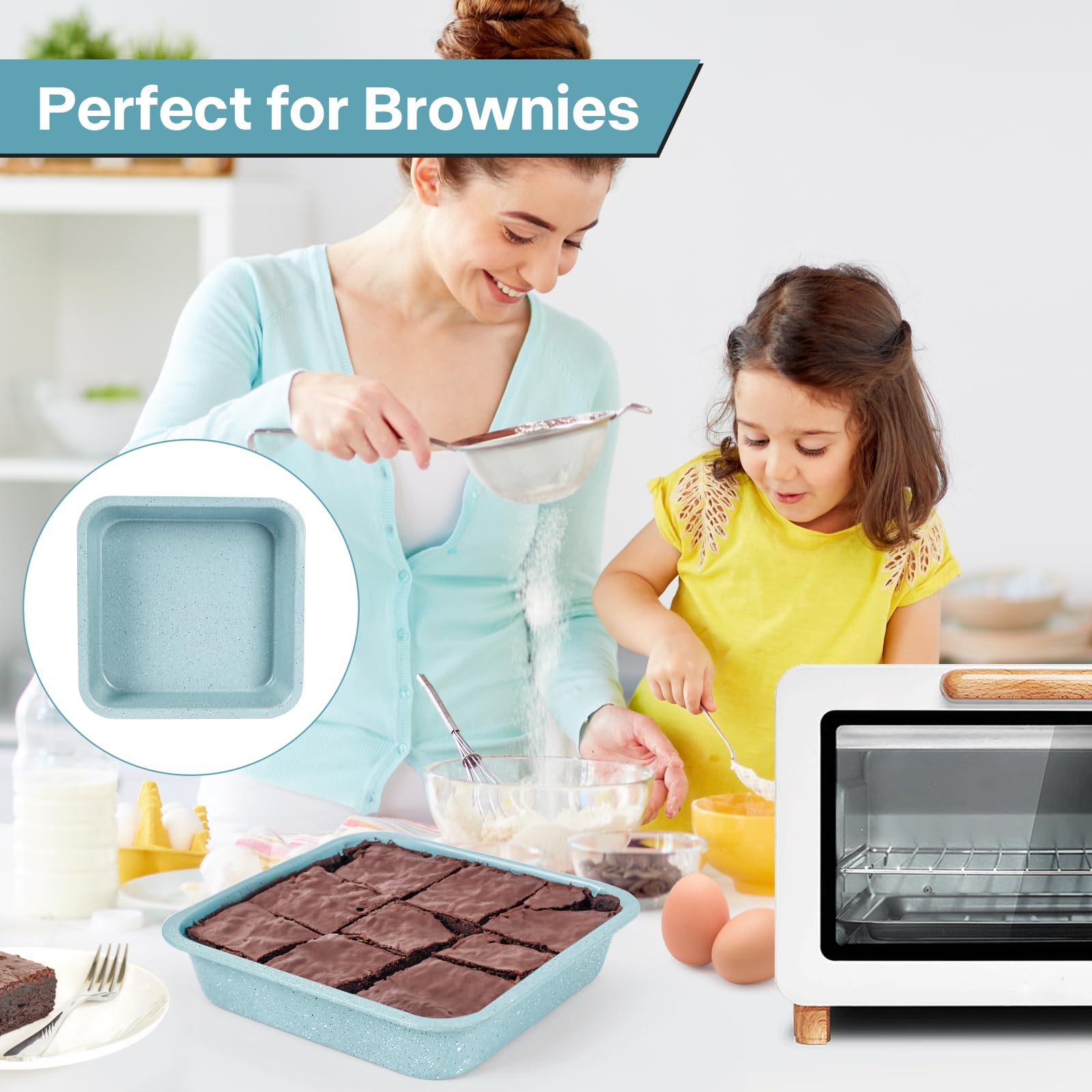 2-Pack 8 Inch Square Baking Pan Set - Nonstick 8x8 Cake Pan for Brownies, Lasagna & Sheet Cakes - Even Heat Distribution, Easy Clean & Durable - Perfect for Home Baking, Parties & Holiday Cooking (Light Blue)