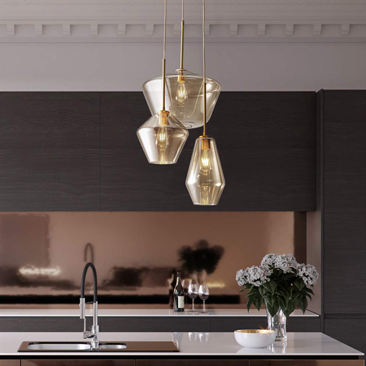 Modern Champagne Gold Glass 3-Light Pendant Chandelier - Adjustable Height Flush Mount Ceiling Light Fixture for Kitchen Island, Dining Room, Coffee Bar & Living Room | Elegant Linear Lighting for Home & Restaurant Decor
