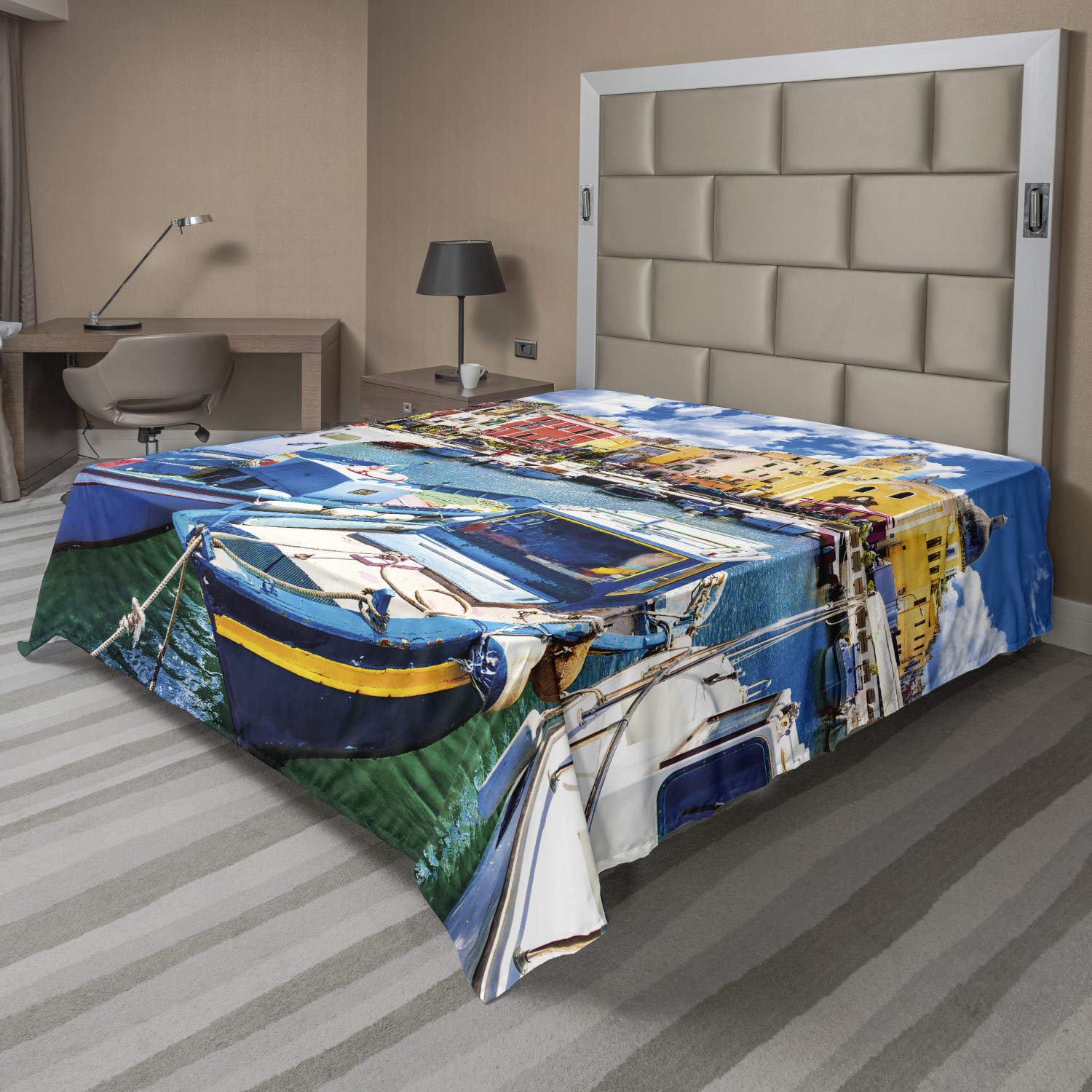 Ambesonne Italy Flat Sheet - Colorful Procida Island with Fishing Boats Design | Soft & Comfortable Full Size Decorative Top Sheet | Perfect for Summer Travel Themed Bedroom Decor, Vacation Home, and Coastal Style Bedding