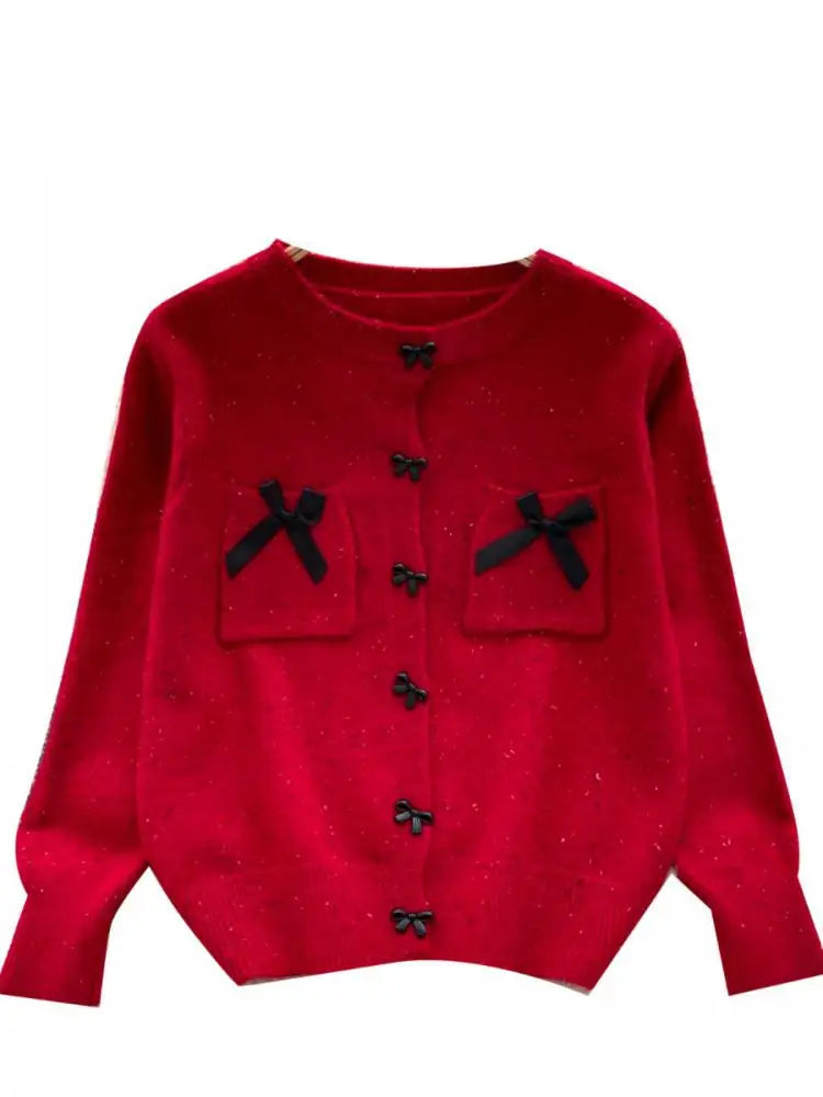 2024 Trendy Women's Vintage Red Pink Knit Sweater - Elegant Round Neck Long Sleeve Bow Detail Winter Top | Perfect for Office, Dating & Holiday Outfits