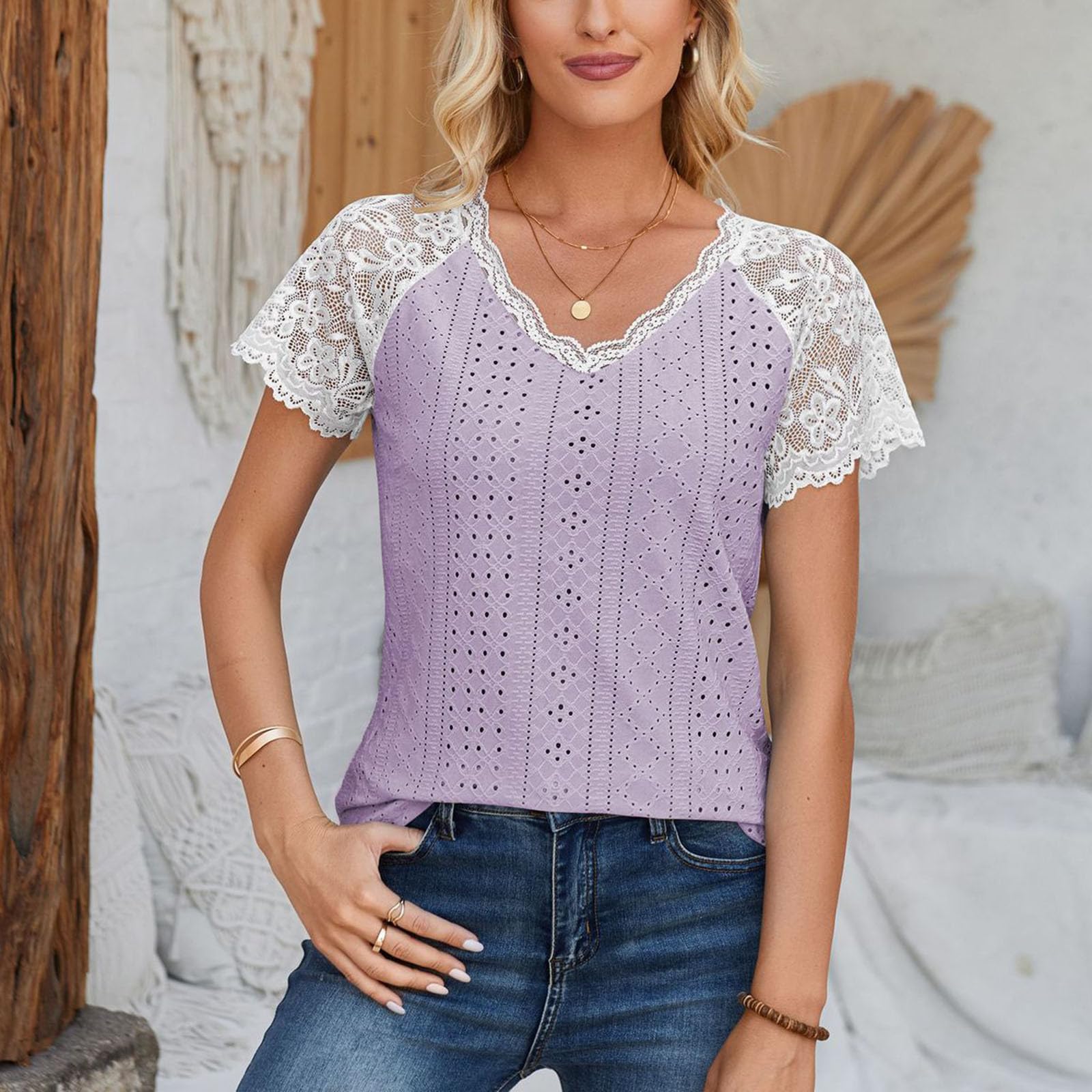 Women's Cute Lace Raglan Sleeve T-Shirt - Elegant V-Neck Embroidered Eyelet Summer Top for Casual & Dressy Wear | Perfect for Office, Date Night & Weekend Outings
