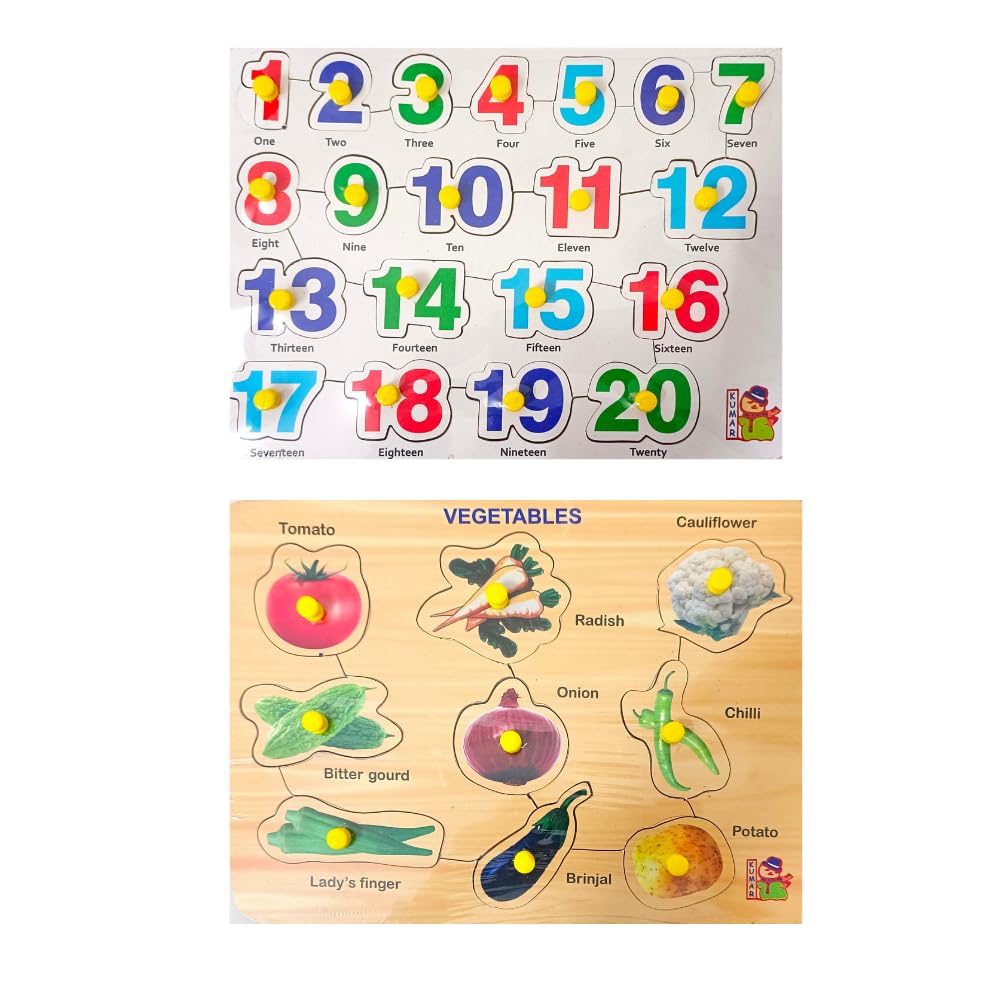 Combo of 5 Wooden Learning Boards: Wild Animals, Vegetables, Numbers 1-20, Domestic Animals, Birds - Educational Wooden Puzzles for Kids 3+ & Adults, Perfect for Home Learning & Classroom Activities