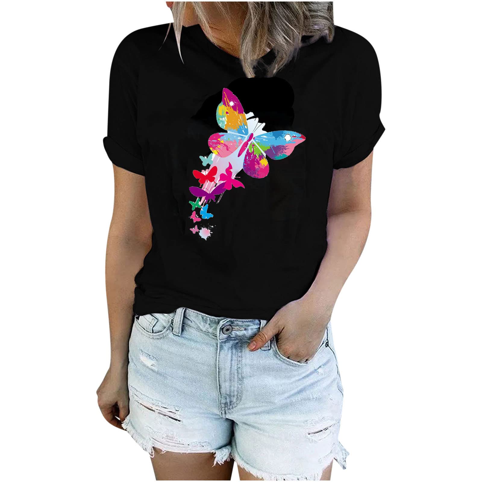 Trendy Rainbow Butterfly Graphic Tee for Women - 2022 Summer Short Sleeve Cotton Crewneck Shirt - Soft & Comfortable Casual T-Shirt - Perfect for Summer Outings, Beach Trips & Everyday Wear