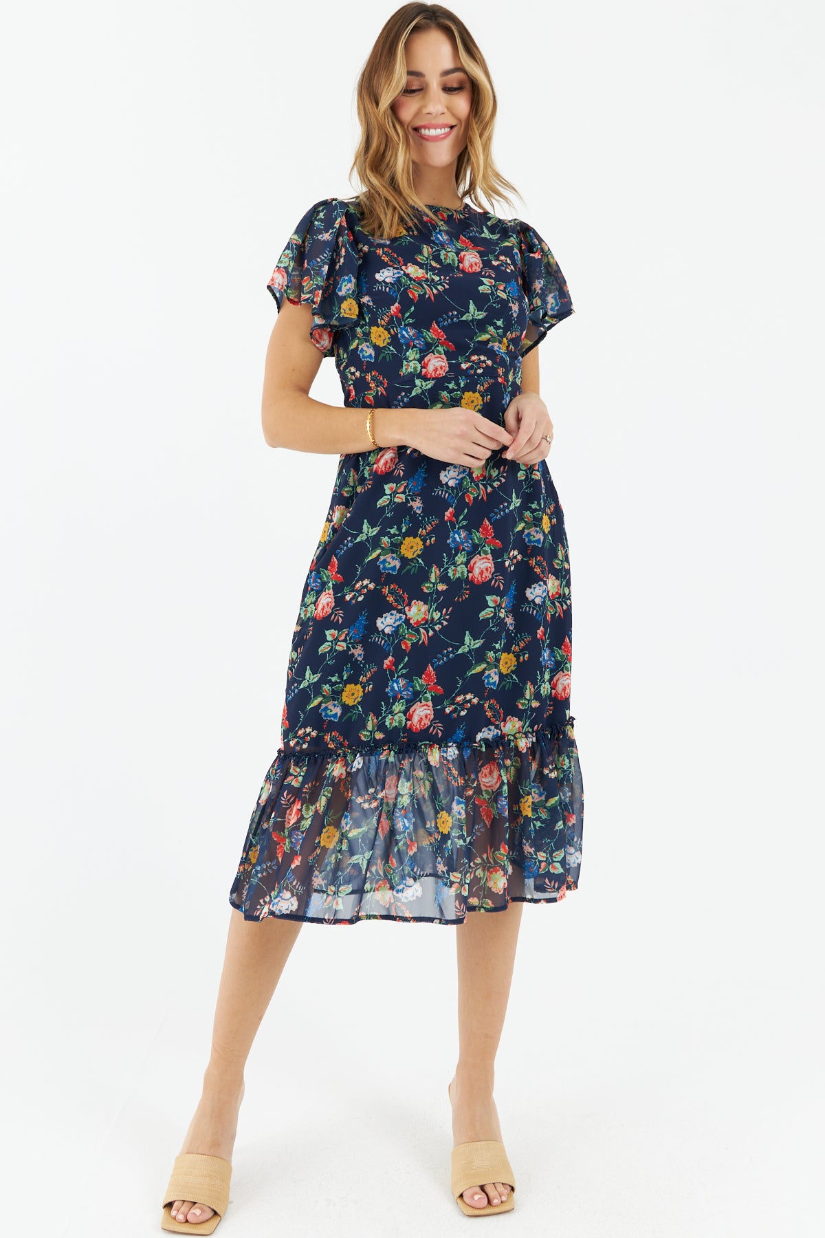 Chia Floral Print Midi Dress for Women - Navy Blue Flowy Summer Dress - Perfect for Beach Vacations, Weddings & Casual Outings