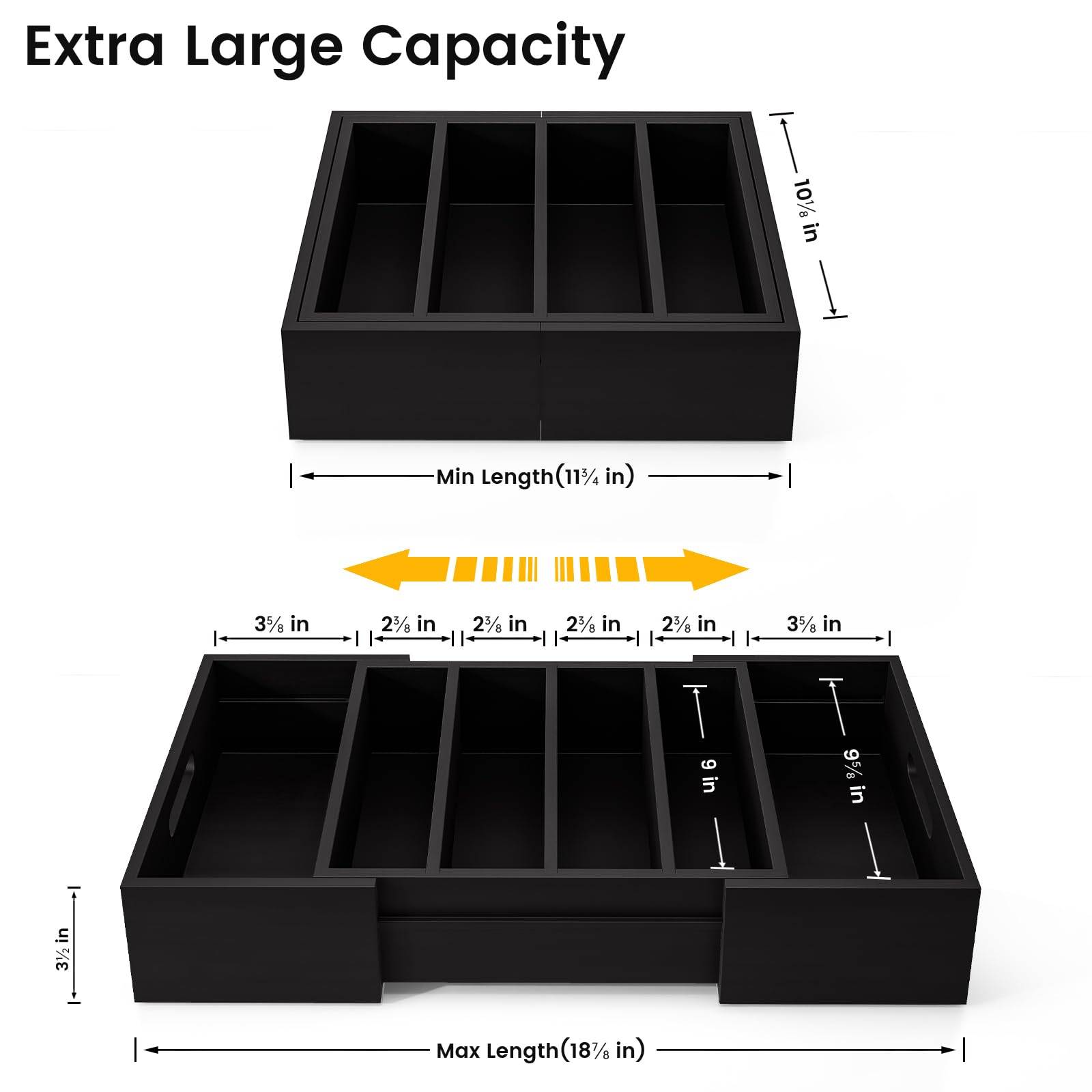 Expandable Bamboo Cabinet Organizer with 3 Adjustable Dividers - Kitchen Storage for Plastic Lids & Food Container Lids - Drawer & Pantry Organizer (Black) - Perfect for Small Kitchen Organization & Space Saving Storage Solutions