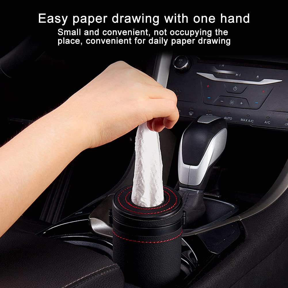 PU Leather Cylinder Tissue Box Holder - Portable Napkin Dispenser for Car Cup Holder, Office & Home - Beige Facial Tissue Case for Desks, Countertops & Travel