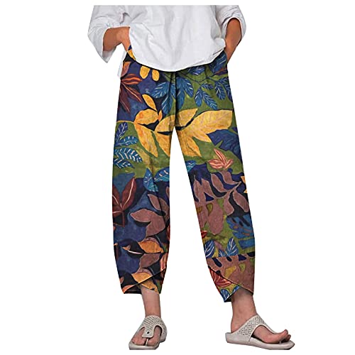 Women's Wide Waist Elastic Cotton Linen Pants - Printed Loose Casual Trousers for Work & Everyday Wear (Khaki, Size S) | Comfortable Office Pants & Summer Vacation Outfits