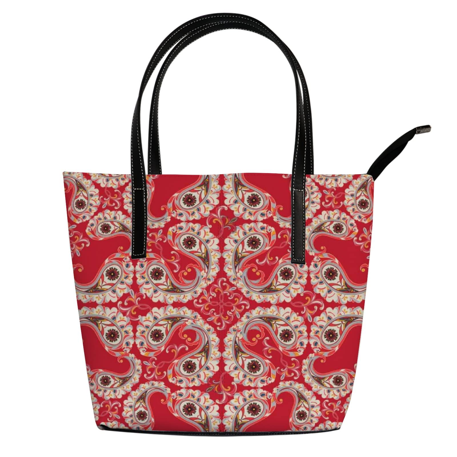 Vintage Red Floral Geometric Leather Tote Bag for Women - Stylish Crossbody & Work Handbag with Zipper | Perfect for Office, Travel & Daily Use