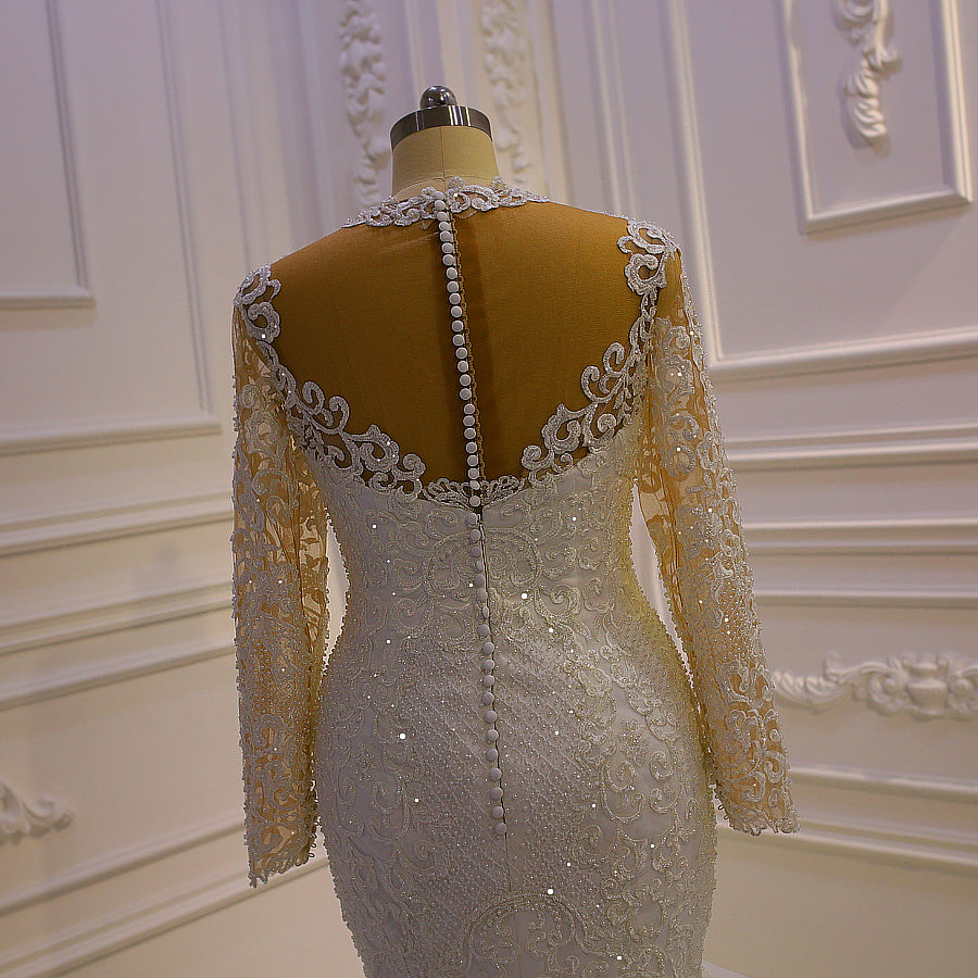 Elegant Long Sleeve Lace Appliqued Pearl Wedding Dress AM716 - Perfect for African Bridal, Church Ceremonies & Formal Occasions