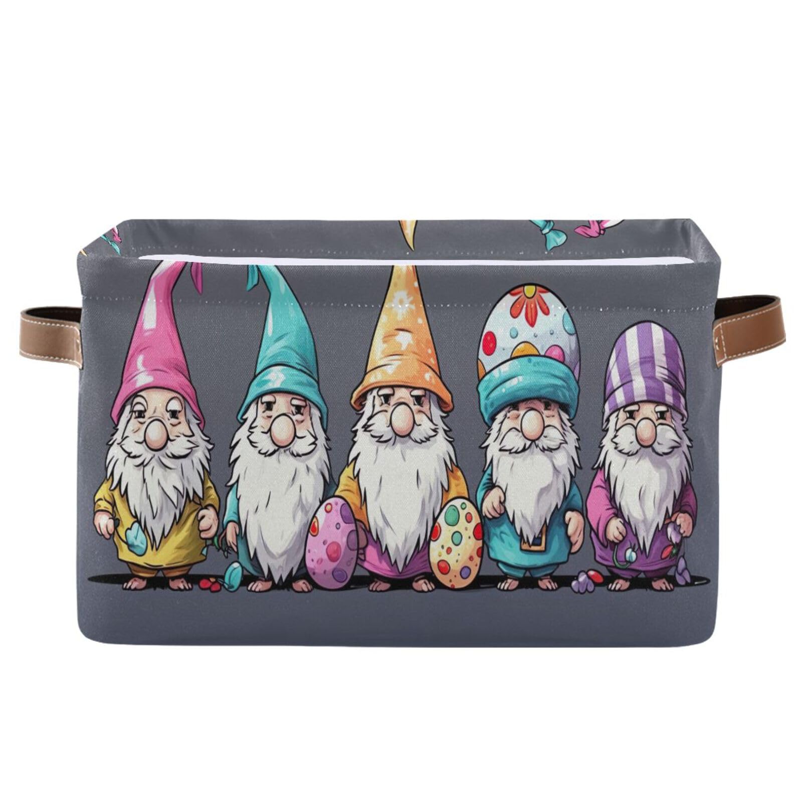 Qilmy Easter Gnome Storage Basket 2 Pack - Collapsible Canvas Rectangular Bin with Leather Handles for Closet, Office, Nursery & Home Organization | Perfect for Holiday Decor, Toy Storage & Seasonal Display