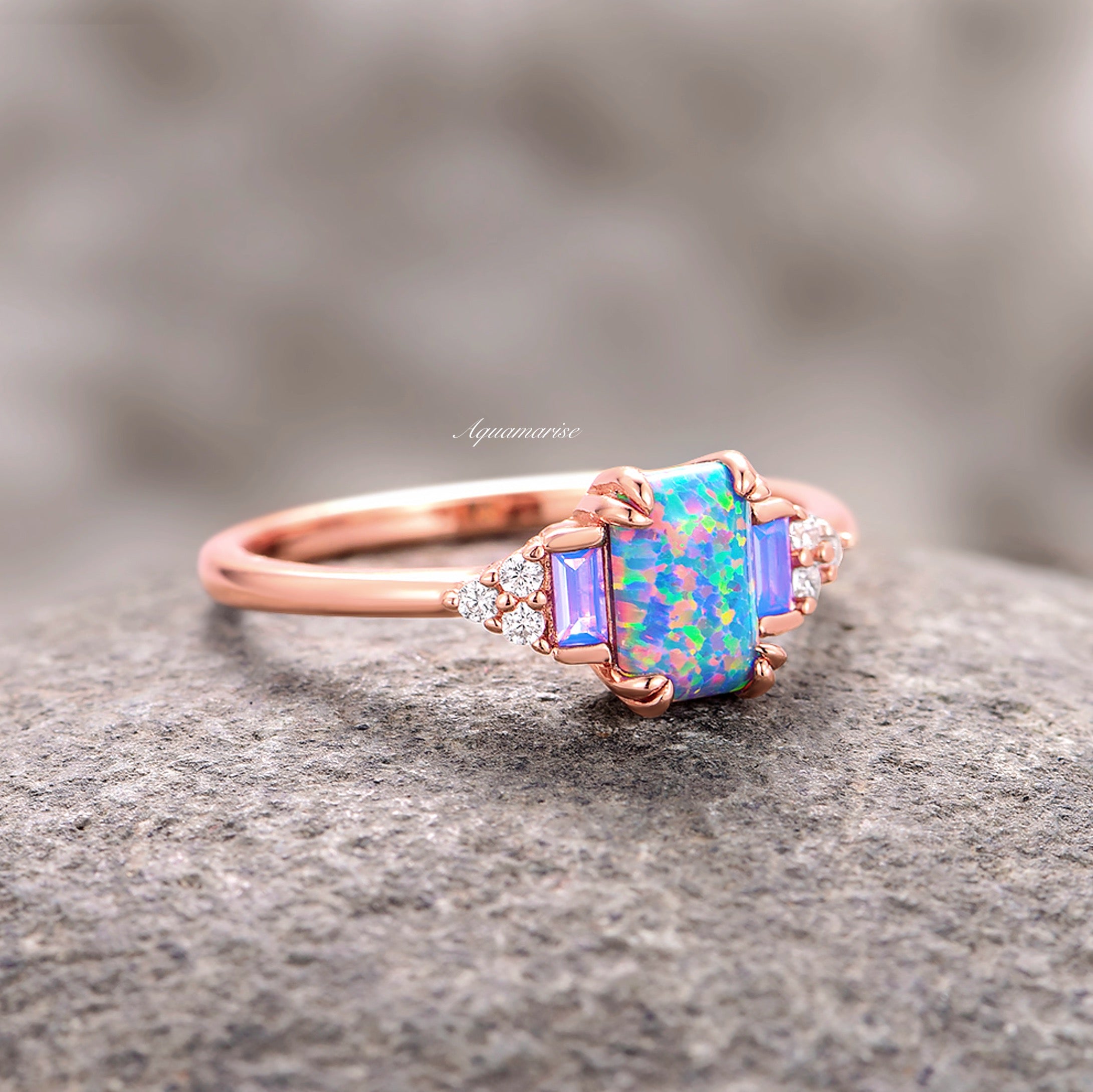Light Blue Fire Opal & Opalescent Sapphire Ring - 14k Rose Gold Vermeil - Elegant Jewelry for Women, Perfect for Weddings, Anniversaries & Special Occasions