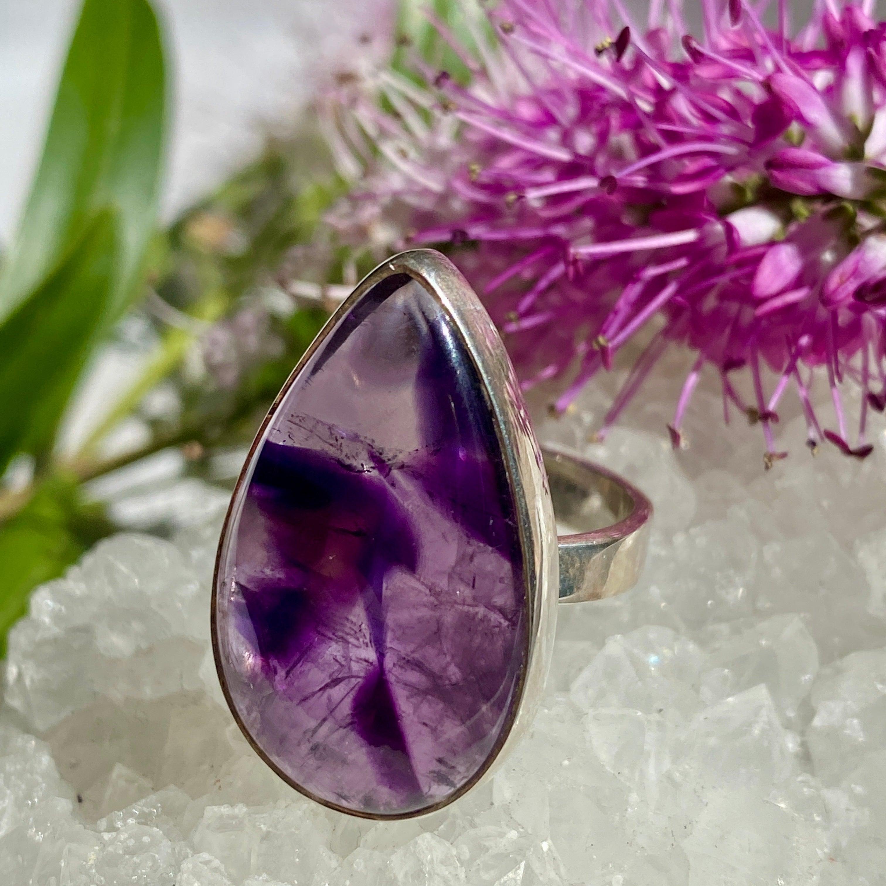 Amethyst Teardrop Cabochon Ring - Size 6 - Sterling Silver 925 - Elegant Purple Gemstone Jewelry for Women - Perfect for Weddings, Parties & Everyday Wear