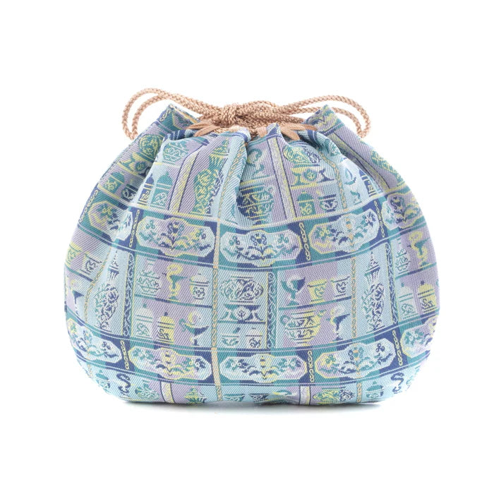 Nishijin Ori Small Drawstring Bag - Snake & Blue Pattern | Handmade in Kyoto Japan | Traditional Japanese Craft Purse for Coins, Jewelry & Gift Giving