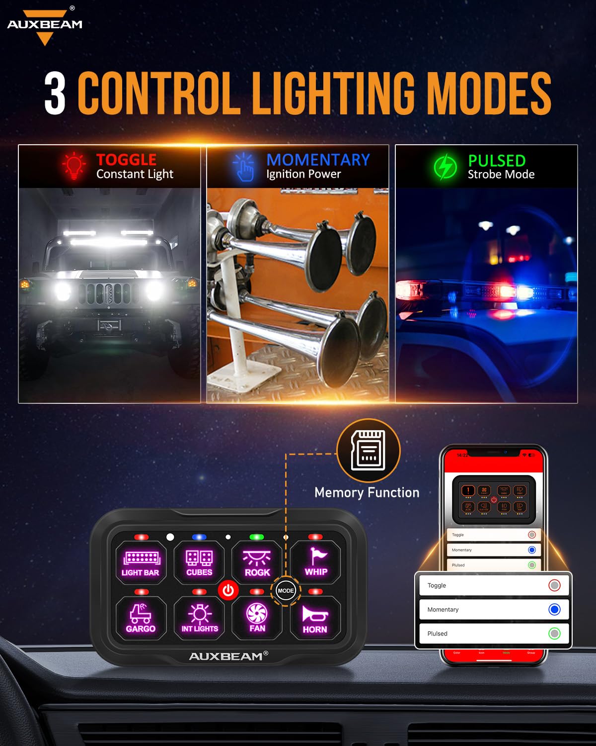 Auxbeam AR-800 8 Gang RGB Bluetooth Switch Panel - 12-24V Waterproof LED Backlit Toggle & Momentary Switches for Trucks, SUVs, ATVs, Marine & RVs | Off-Roading, Camping & Vehicle Customization | 2-Year Warranty