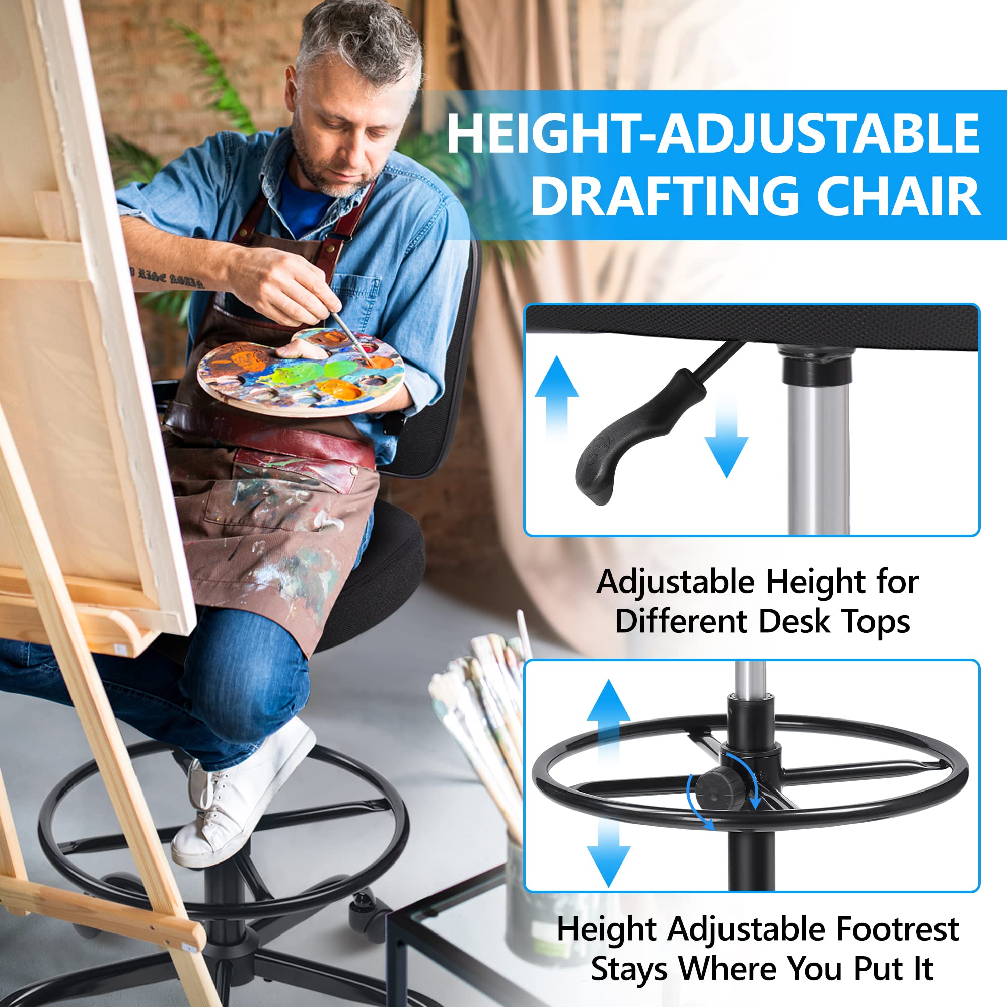 Primy Adjustable Height Drafting Chair - Armless Mid-Back Ergonomic Office Chair with Foot Ring & Mesh Back - Rolling Swivel Stool for Standing Desks, Art Studios, Home Office & Workspaces (Black)