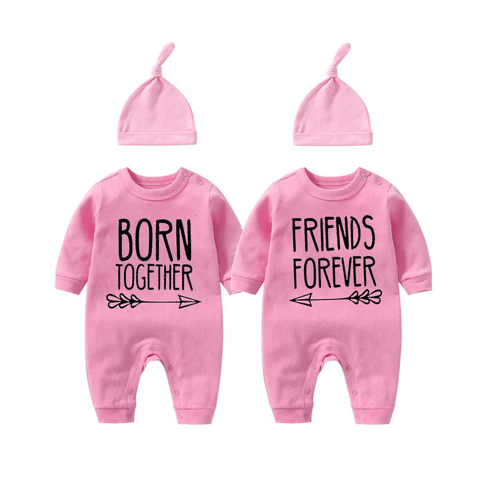 YSCULBUTOL Baby Twins Bodysuit with Hat - Matching Outfits for Twin Boys & Girls | Born Together Friends Forever | Newborn & Toddler Clothing Gift Set for Siblings
