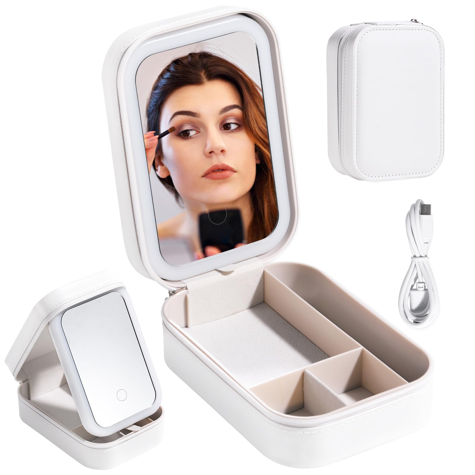 BS-MALL LED Makeup Mirror Case - Travel Cosmetic Storage for Brushes & Tools (White) - Perfect for On-the-Go Beauty