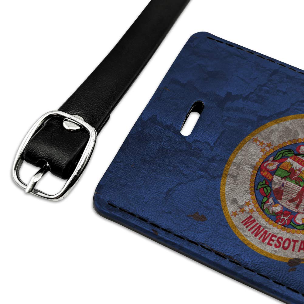 Vintage Minnesota State Flag Design - Distressed Rectangle Leather Luggage Tag & ID Card Holder | Perfect for Travel Bags, Backpacks, and Suitcases