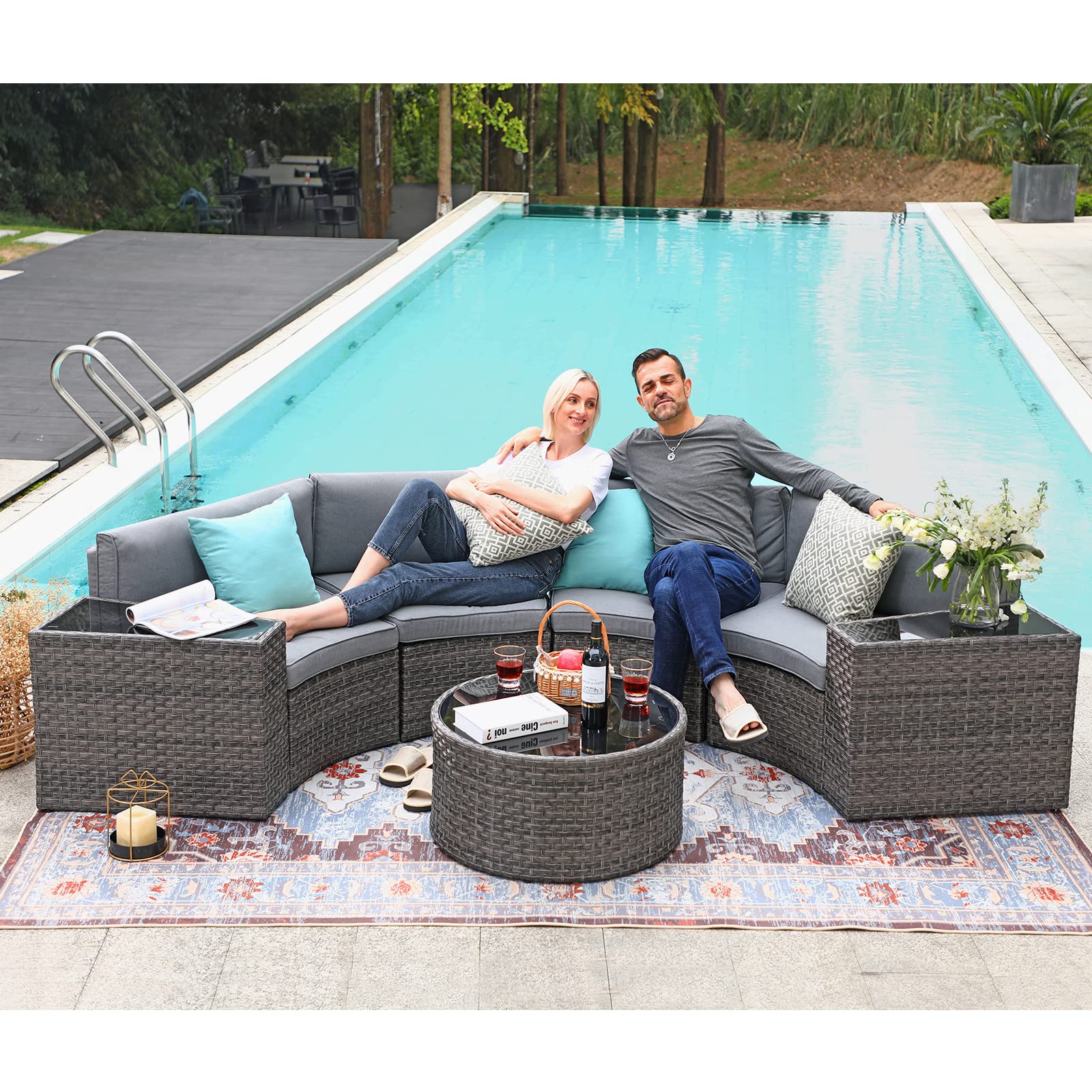 7-Piece Outdoor Patio Furniture Set - Half Moon Curved Sectional Sofa with Round Coffee Table, 4 Pillows & Waterproof Cover - Grey Rattan Wicker for Garden, Poolside & Backyard Relaxation