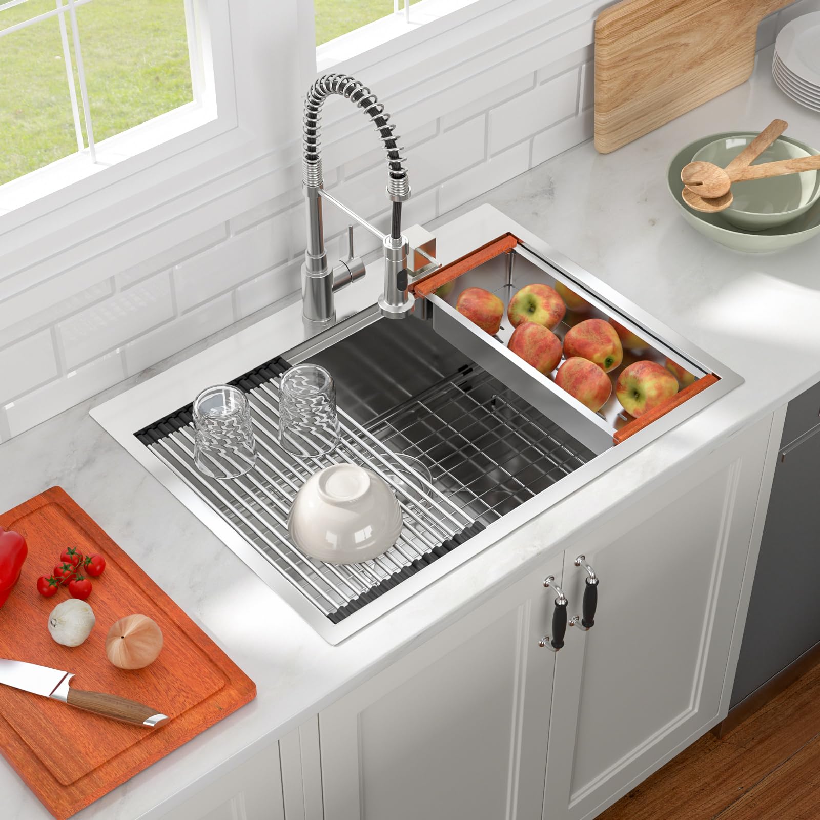 30”x22“ Drop-In Workstation Kitchen Sink - 16 Gauge Stainless Steel Handmade Single Bowl with Ledge Topmount - Contemporary Deep Basin for Modern Kitchens (Perfect for Meal Prep, Dishwashing & Entertaining)