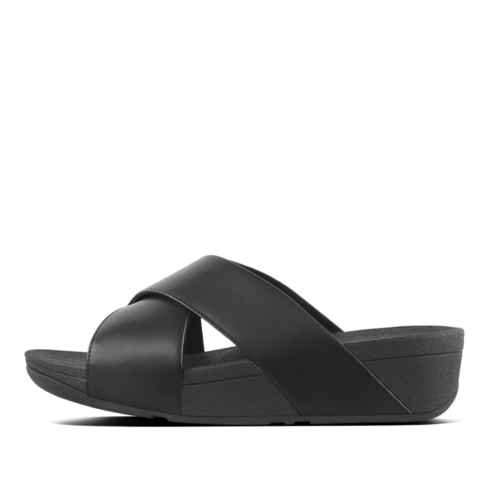 FitFlop Lulu Leather Cross Slide Sandals for Women - Comfortable Black Orthopedic Sandals with Arch Support | Perfect for Walking, Travel & Summer Outfits