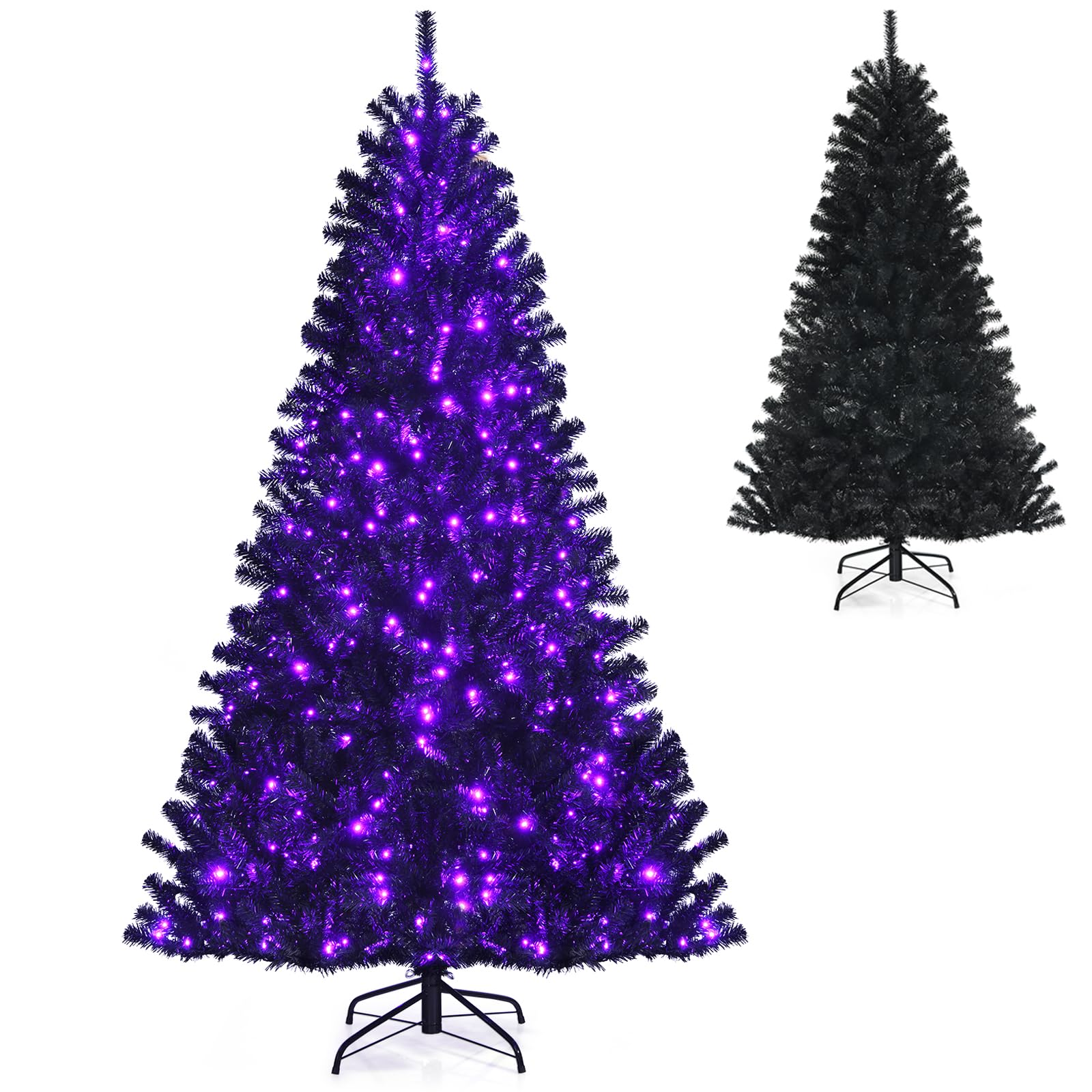 Happygrill 7 Ft Artificial Christmas Tree with 500 Purple LED Lights - 1096 Branch Tips, Foldable Metal Stand & Hinged Design for Halloween & Xmas Decor | Indoor & Outdoor Holiday Party, Home, Office Decoration