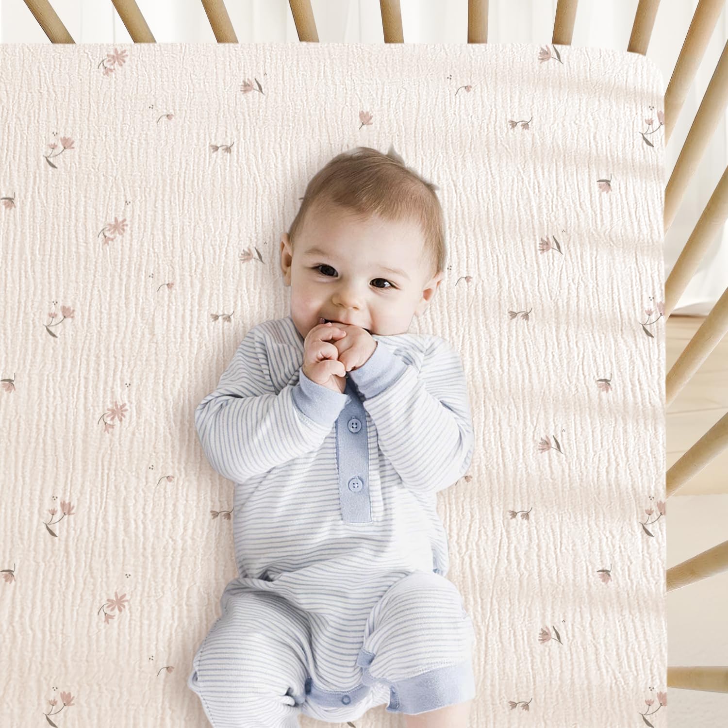 Little Grape Land 2-Pack Muslin Crib Sheets - 100% Cotton Soft Breathable Fitted Baby Bed Sheets for Standard Crib (52x28 inches) - Neutral Fog Flower Design for Boys & Girls - Perfect for Nursery, Daycare & Travel