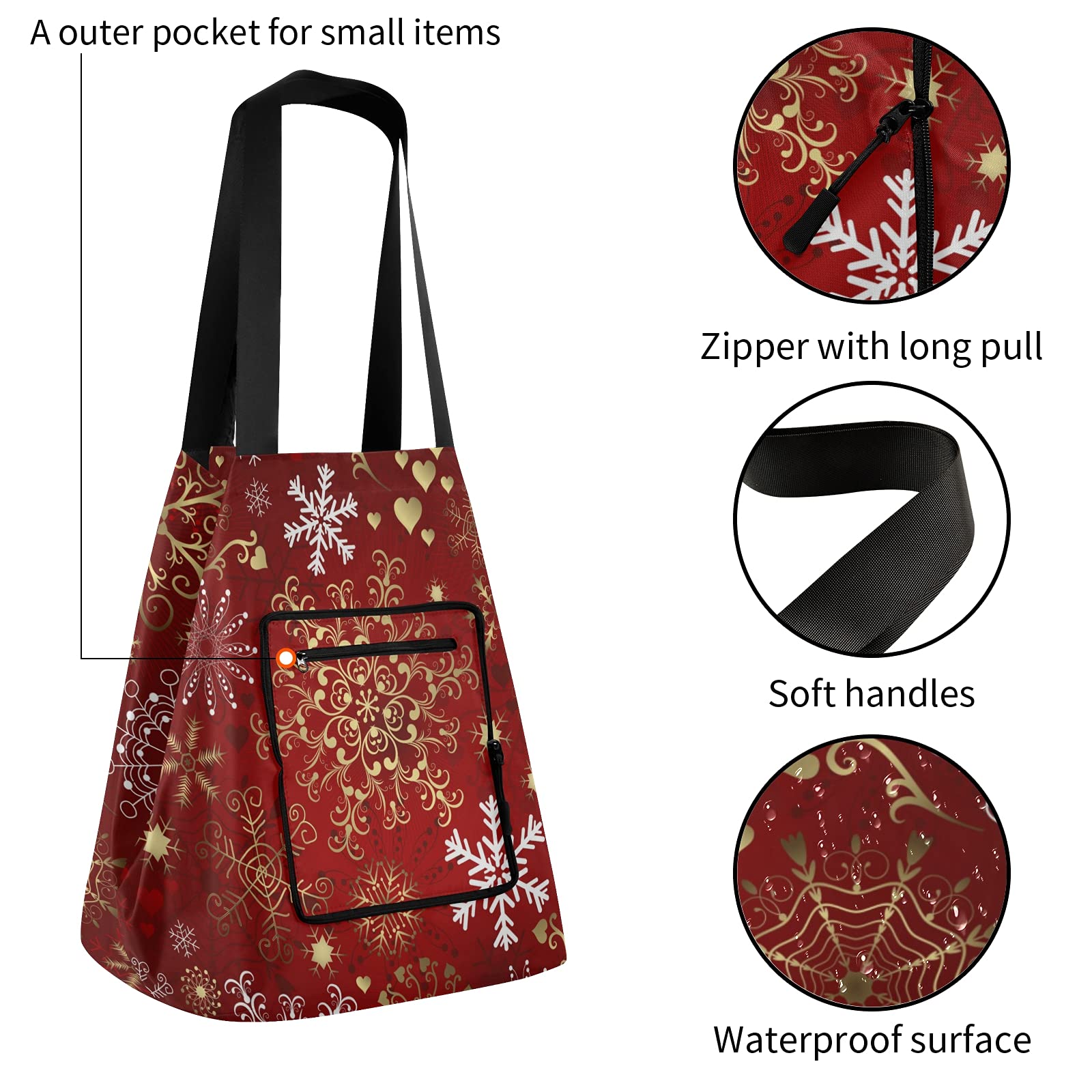 ALAZA Merry Christmas Snowflake New Year Xmas Large Reusable Tote Bag - Foldable Lightweight Grocery Shopping Bag with Handles for Outdoors, Picnic, Travel, Holiday Gift Giving & Seasonal Celebrations