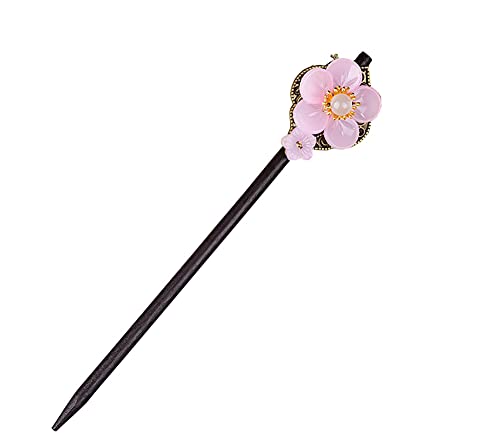 Vintage Chinese Wooden Pink Glazed Flower Hairpin - Handmade Hair Stick & Hair Chopstick for Women | Elegant Hair Accessories for Weddings, Parties & Traditional Chinese Costume Styling