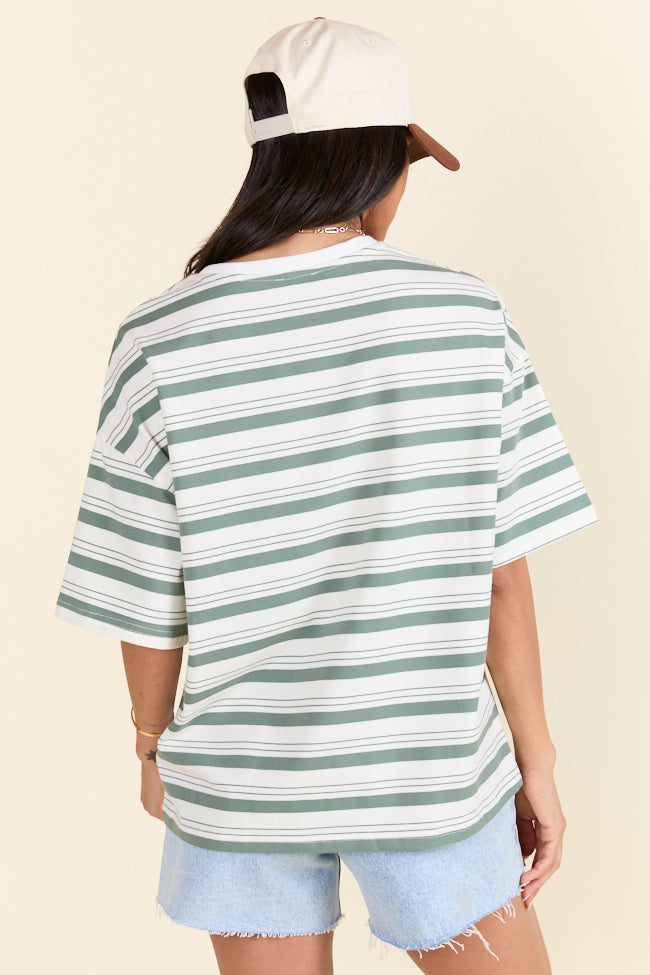 Holley Gabrielle X Pink Lily Mackenzie Olive Oversized Striped T-Shirt - Women's Casual Fashion Top for Everyday Wear & Street Style