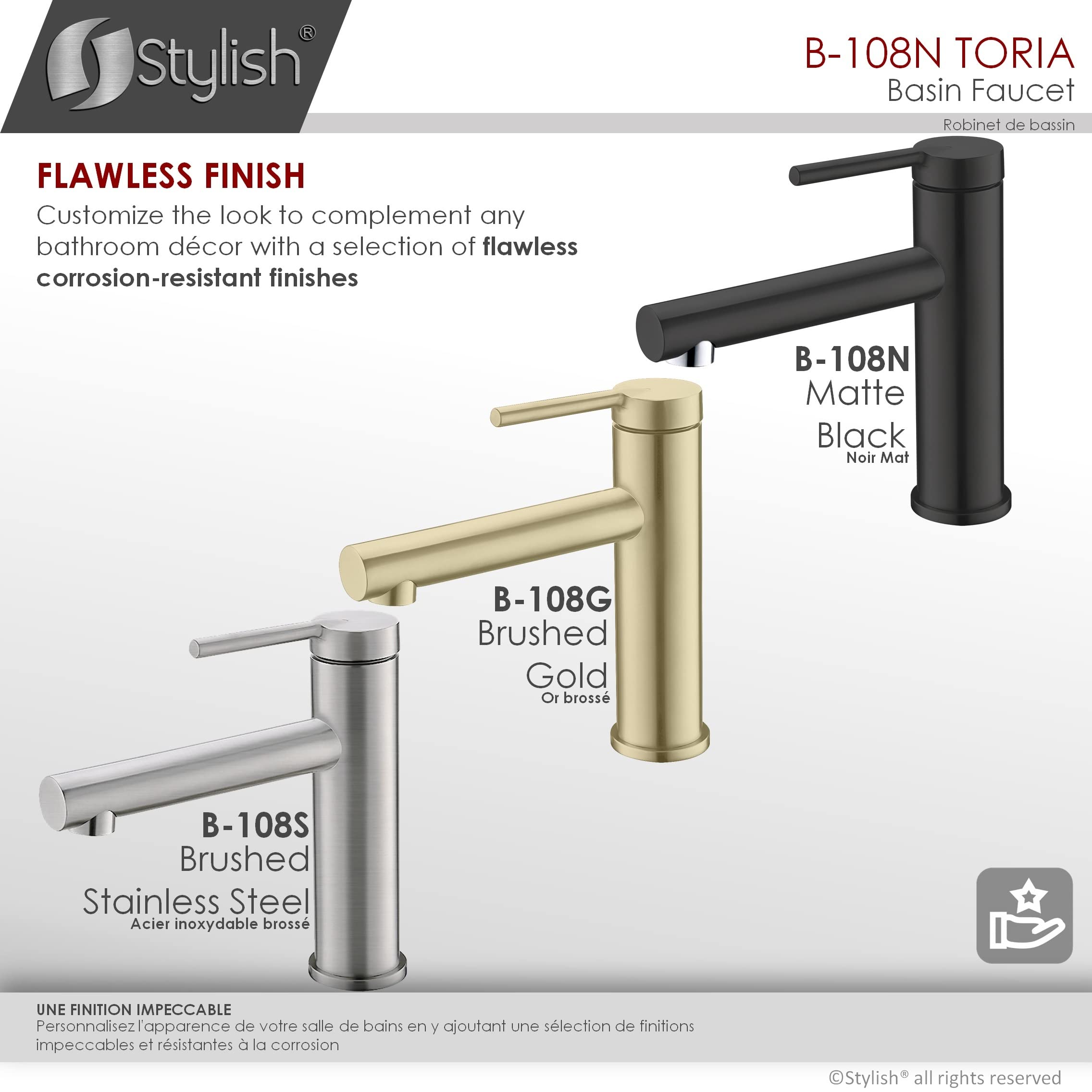 Stylish Single Handle Bathroom Faucet - Solid Stainless Steel 1 Hole Vanity Sink Faucet with Matte Black Finish (Model B-108N) - Perfect for Modern Bathroom Renovations & Small Space Sinks