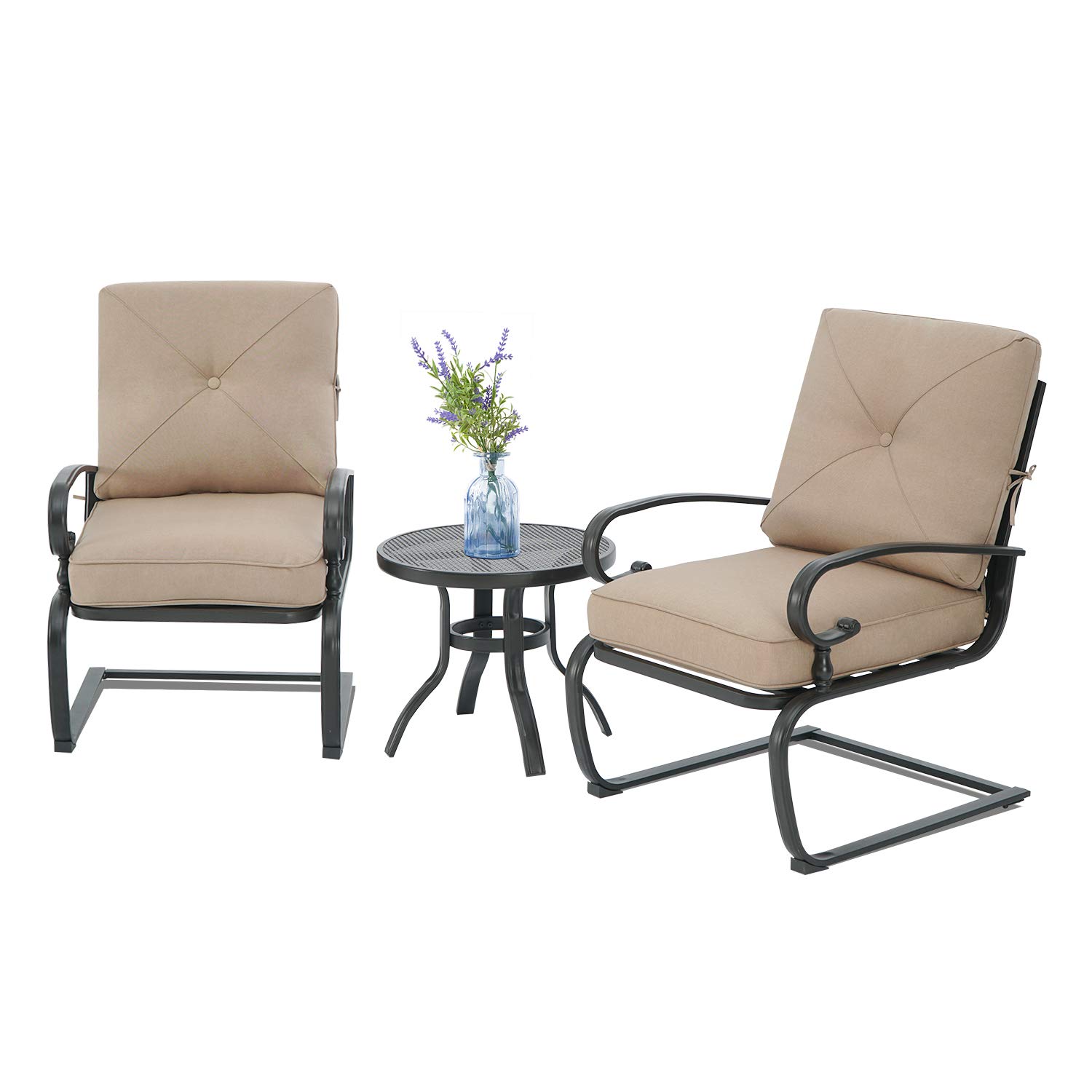 3 Piece Outdoor Bistro Set - Spring Metal Lounge Chairs & Round Table - Wrought Iron Patio Furniture in Brown - Perfect for Garden, Balcony, and Backyard Relaxation