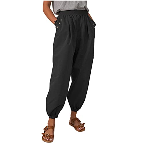 Women's Plus Size Linen Harem Pants with Pockets - Comfortable Casual Loose Fit Trousers in Black (Size L) - Perfect for Yoga, Lounge Wear & Summer Outfits