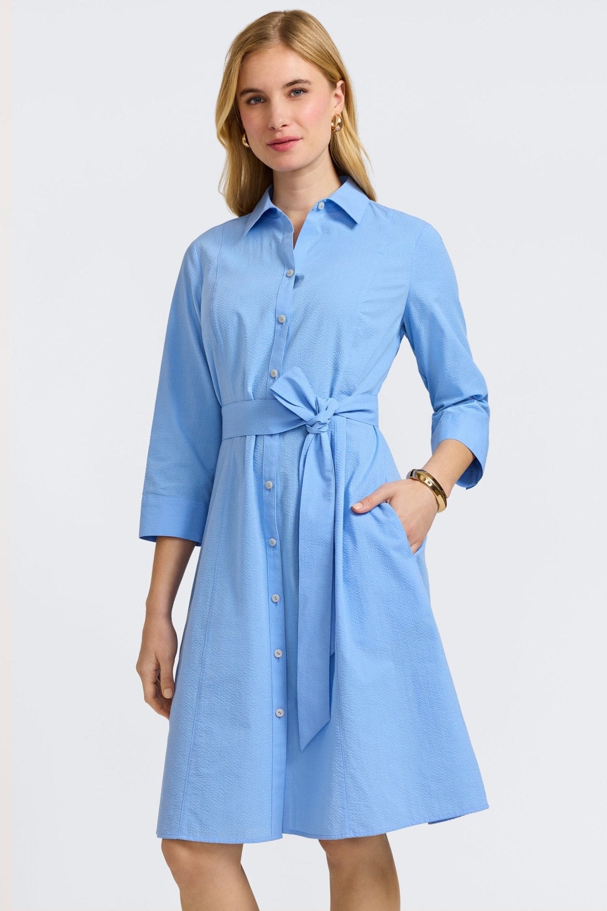 Fiona Seersucker 3/4 Sleeve Casual Summer Dress for Women - Perfect for Beach Outings, Picnics and Brunch Dates