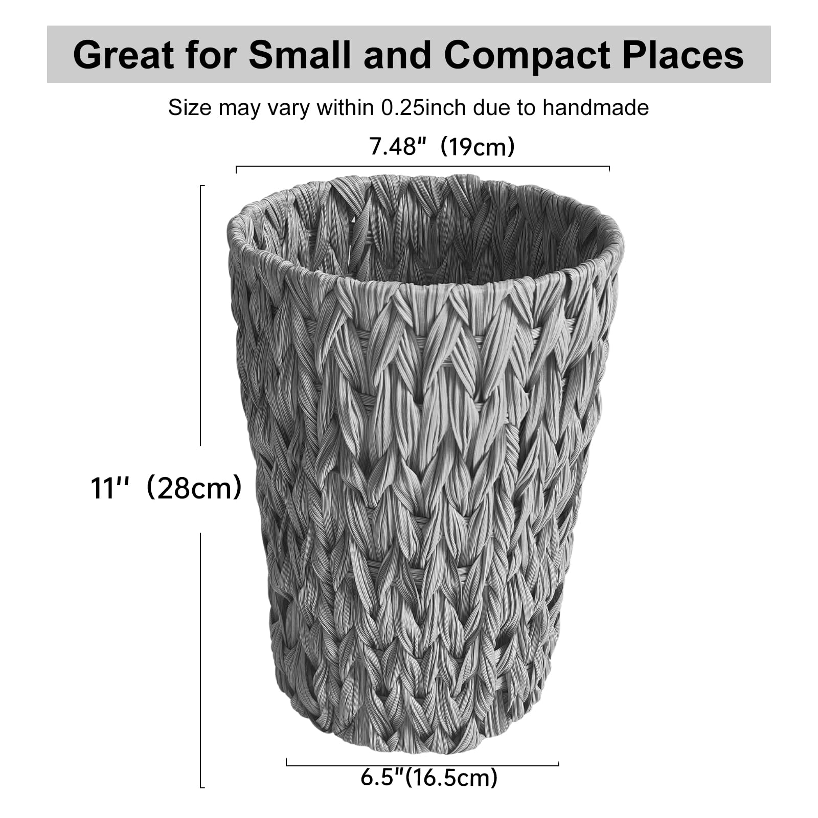 Waterproof Wicker Trash Can - 2 Gallon Small Round Bathroom & Bedroom Waste Basket, Handwoven Grey Office Trash Bin for Home, Kitchen, Dorm (Perfect for Bathroom Vanity, Bedside, or Office Desk)